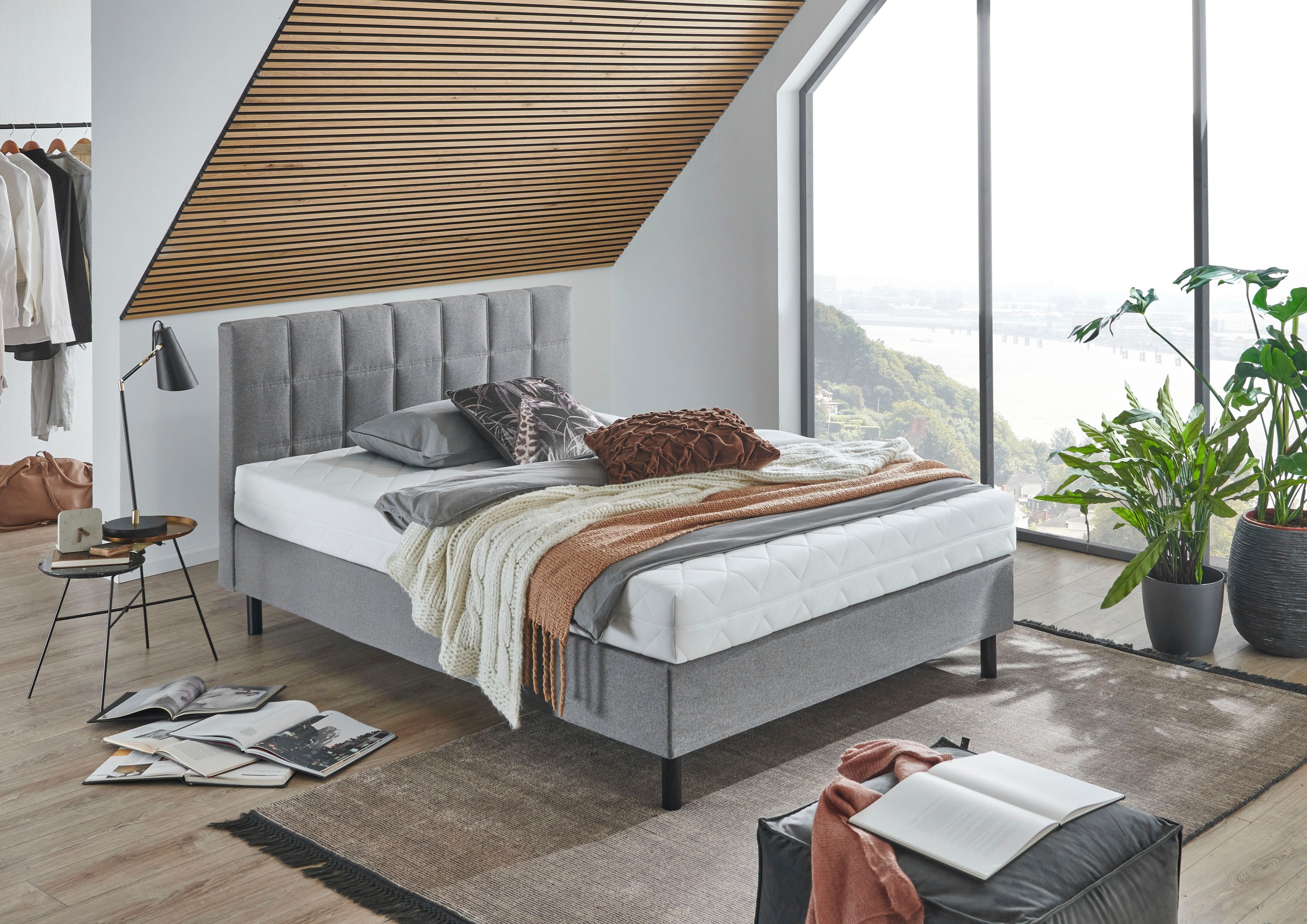 Boxbett "Nikola", grau (hellgrau), B:142cm L:210cm, ATLANTIC HOME COLLECTION, Komplettbetten, Boxspringbett, Massivholzfüßen, mit / ohne Matratze, in H2 und H3 erhältlich 7