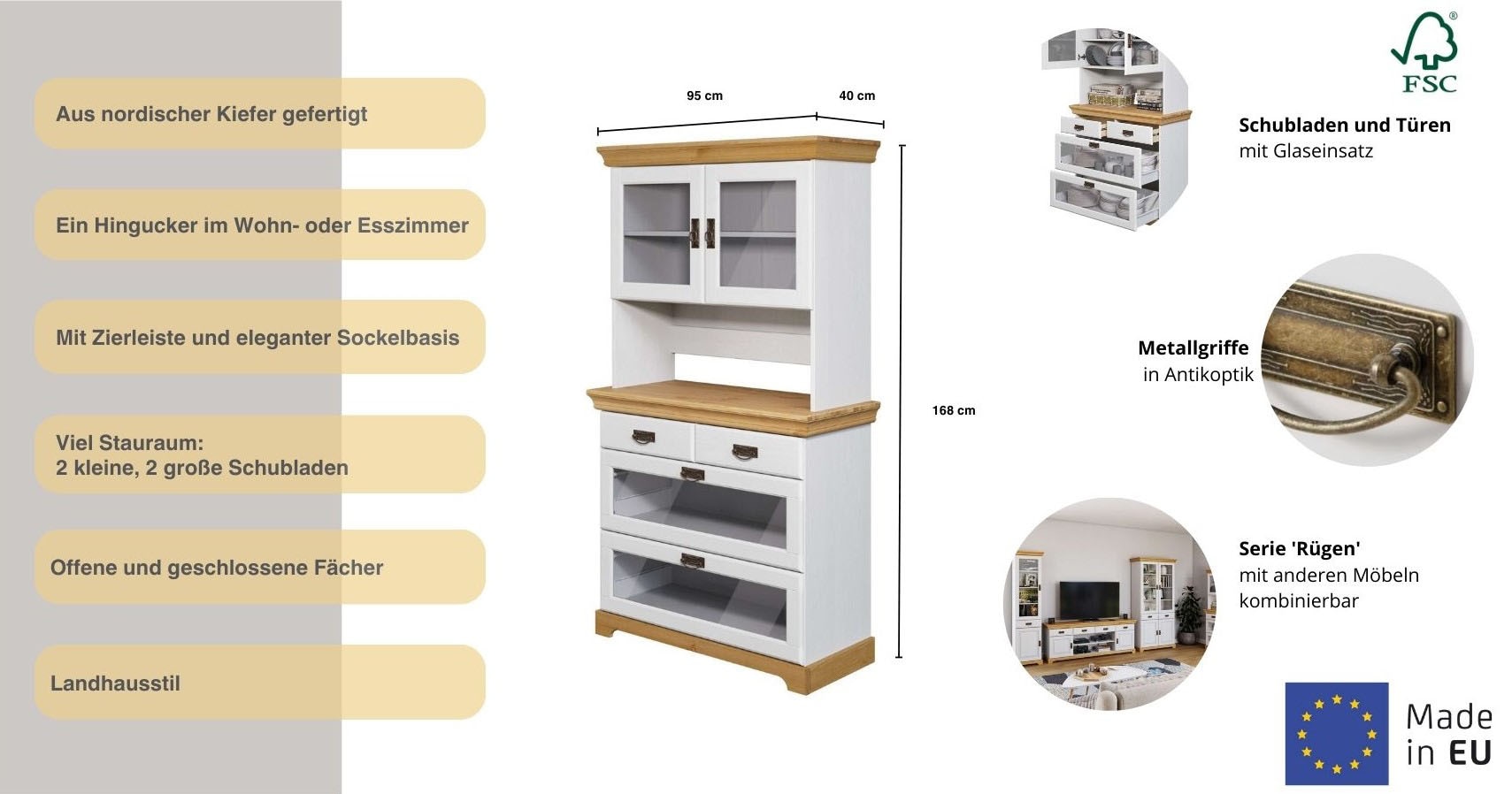Home affaire Buffet »Rügen«, zertifiziertes Massivholz, Höhe 168 cm, im Landhausstil