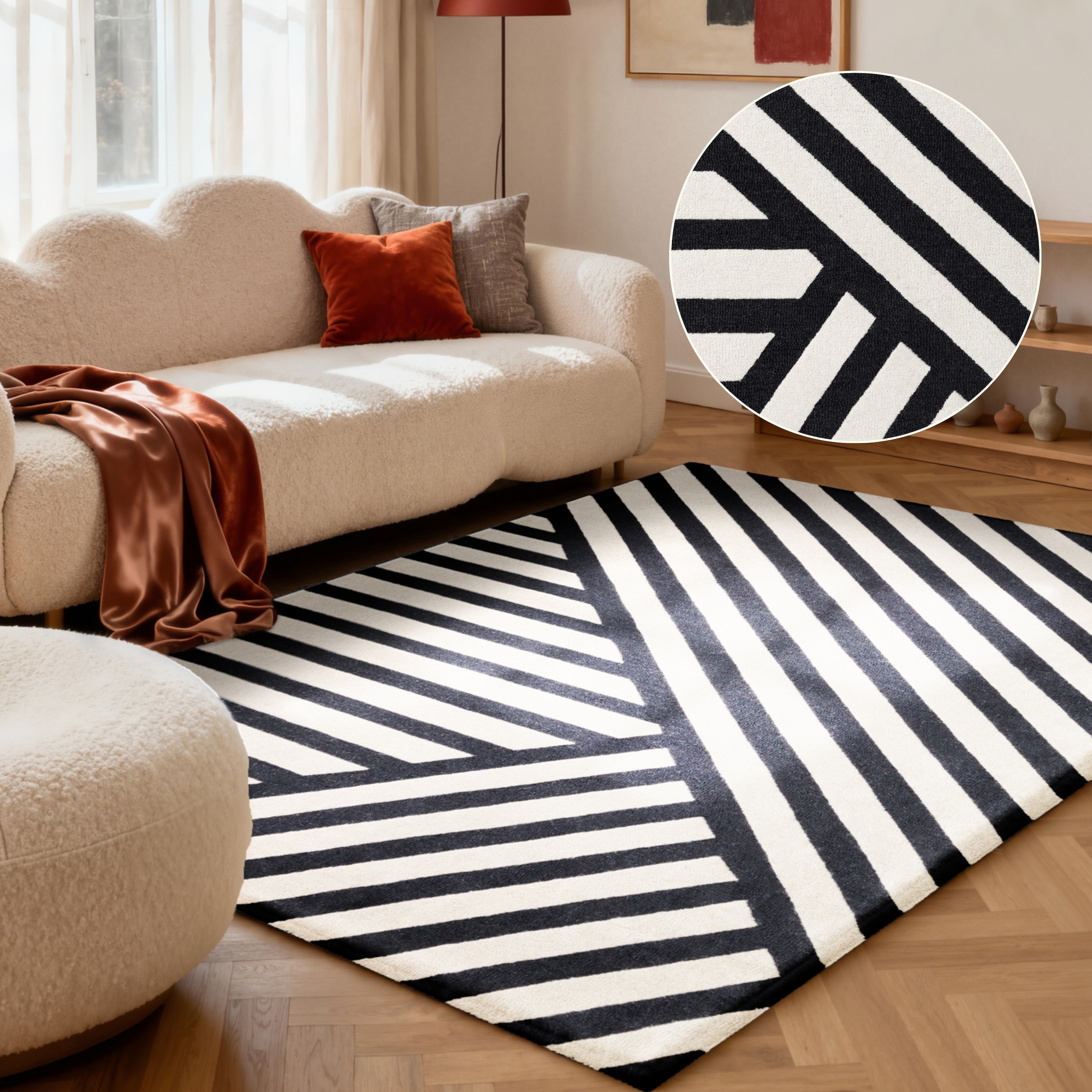ELLE DECORATION Wollteppich "Noir" rechteckig 12 mm Höhe Wolle, Natur, Wohnzimmer, schwarz weiss, Modern, Geometrisch, Streifen
