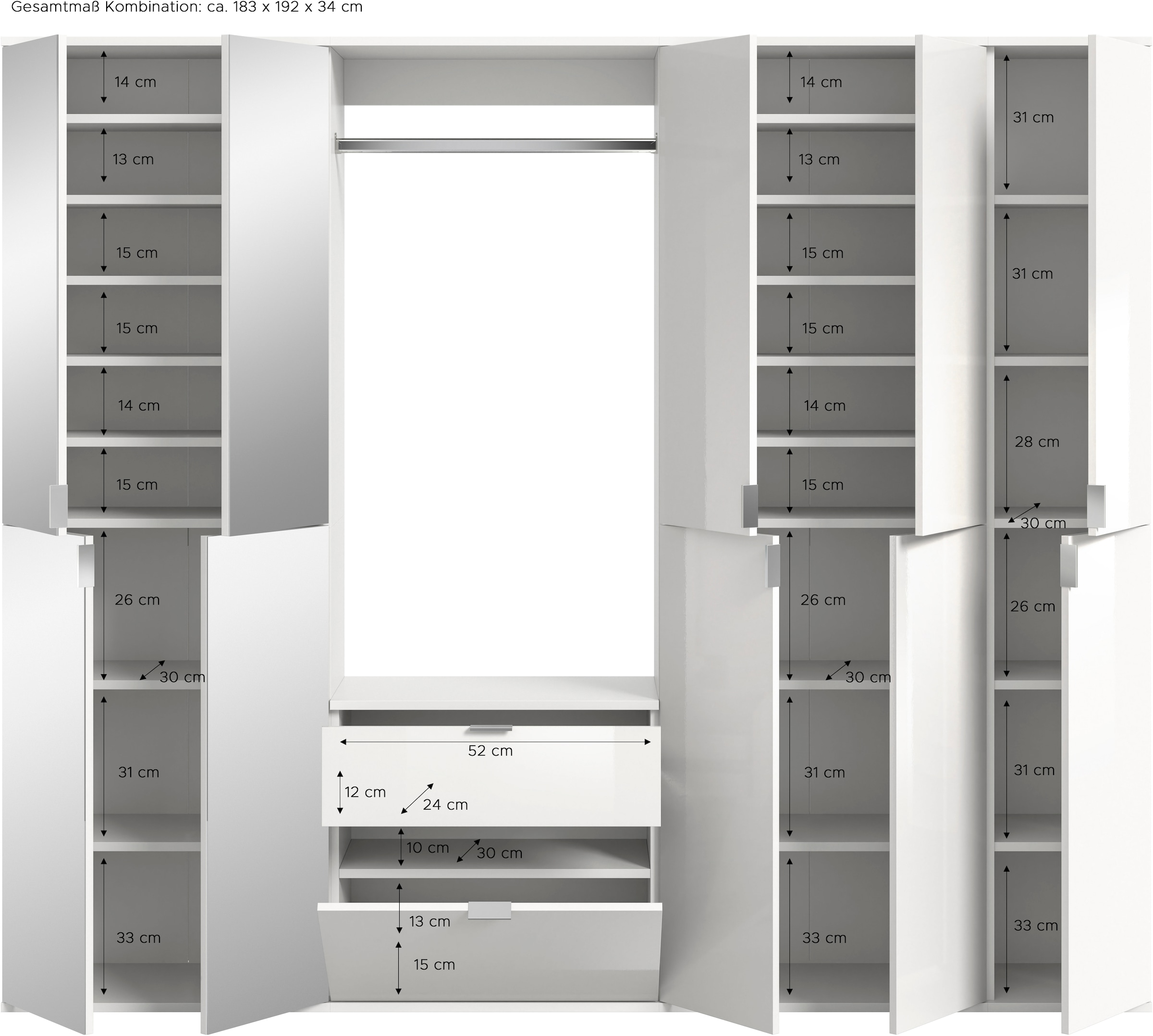 INOSIGN Garderoben-Set »Trondheim, Breite 183 cm, 5-teilig, bestehend aus:«, (Set, 4 St.), 2x Garderobenschrank, 1 Kommode, 1 Garderobenstange, 1 Ablageboden