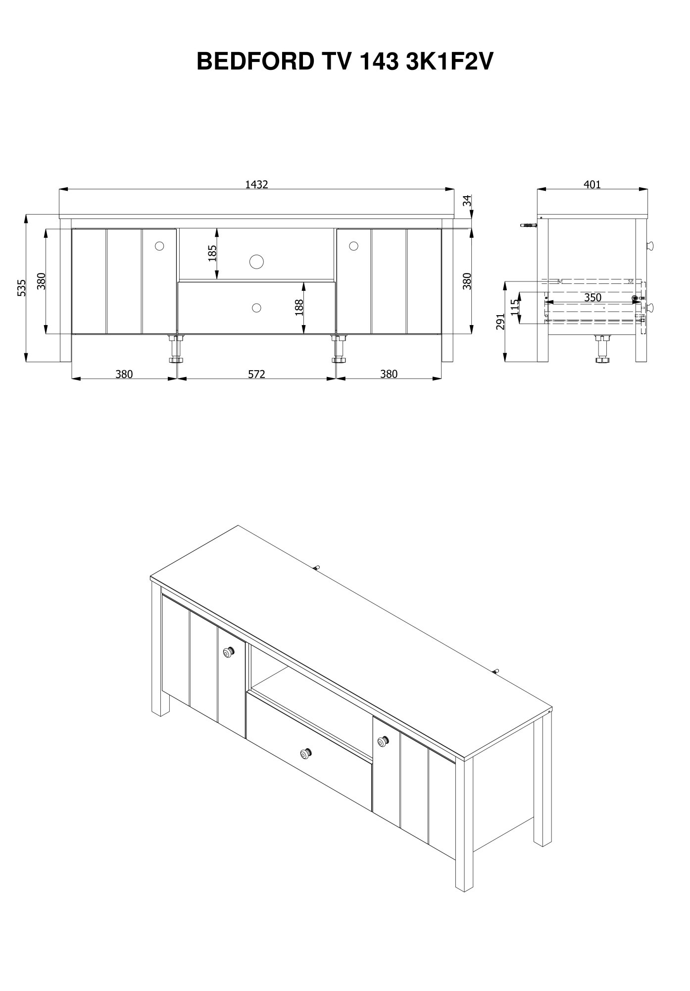 Home affaire Lowboard »BEDFORD, TV-Board, TV-Kommode, TV-Schrank, TV-Möbel im Landhausstil« MDF-Profil ummantelt, 2 Türen, 1 Schublade & 3 Fächer mit Metallgriff