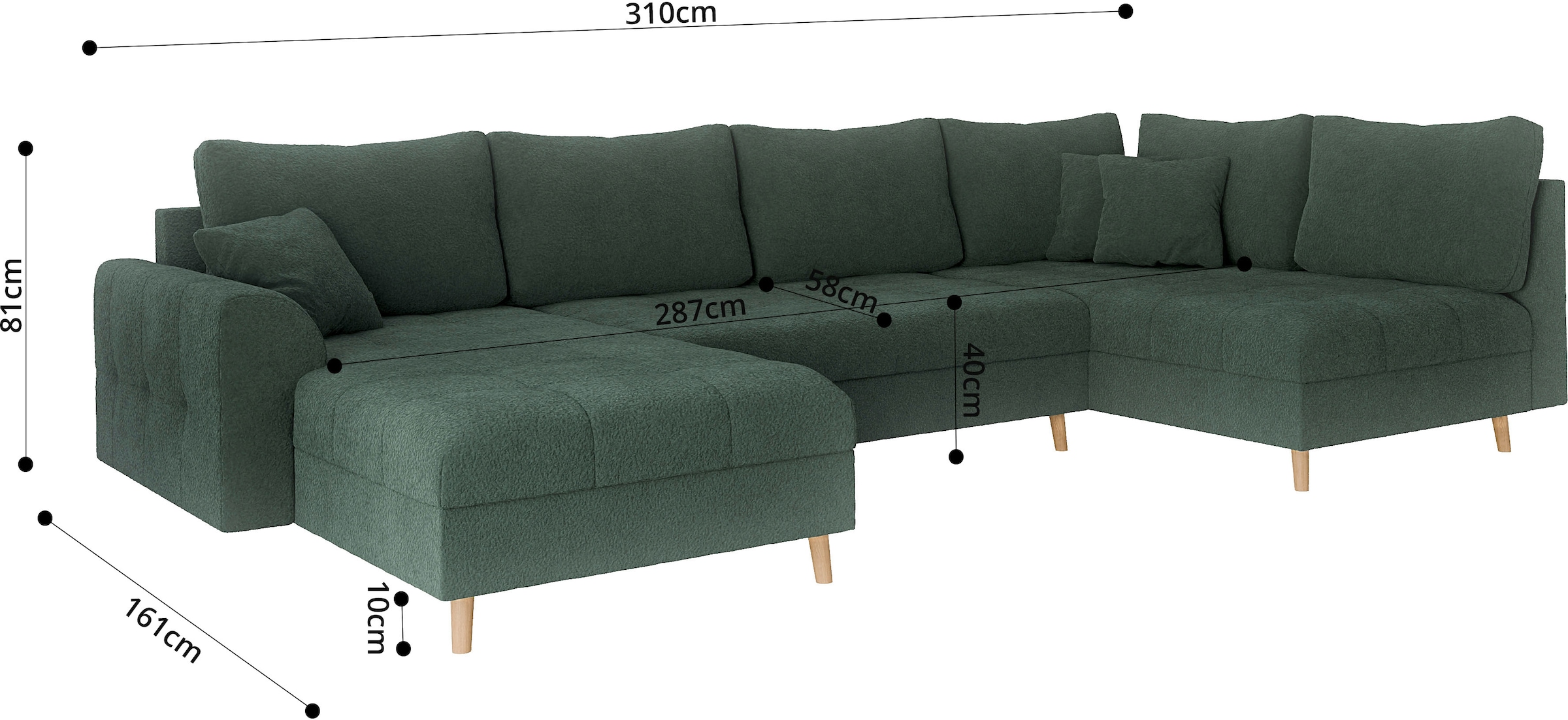 Home affaire Wohnlandschaft »CHARRE U-Form mit Ottomane, Maße B/T/H: 310/161/81 cm«, feine Steppung, lose Rücken- und Zierkissen, auch in Cord und Bouclé