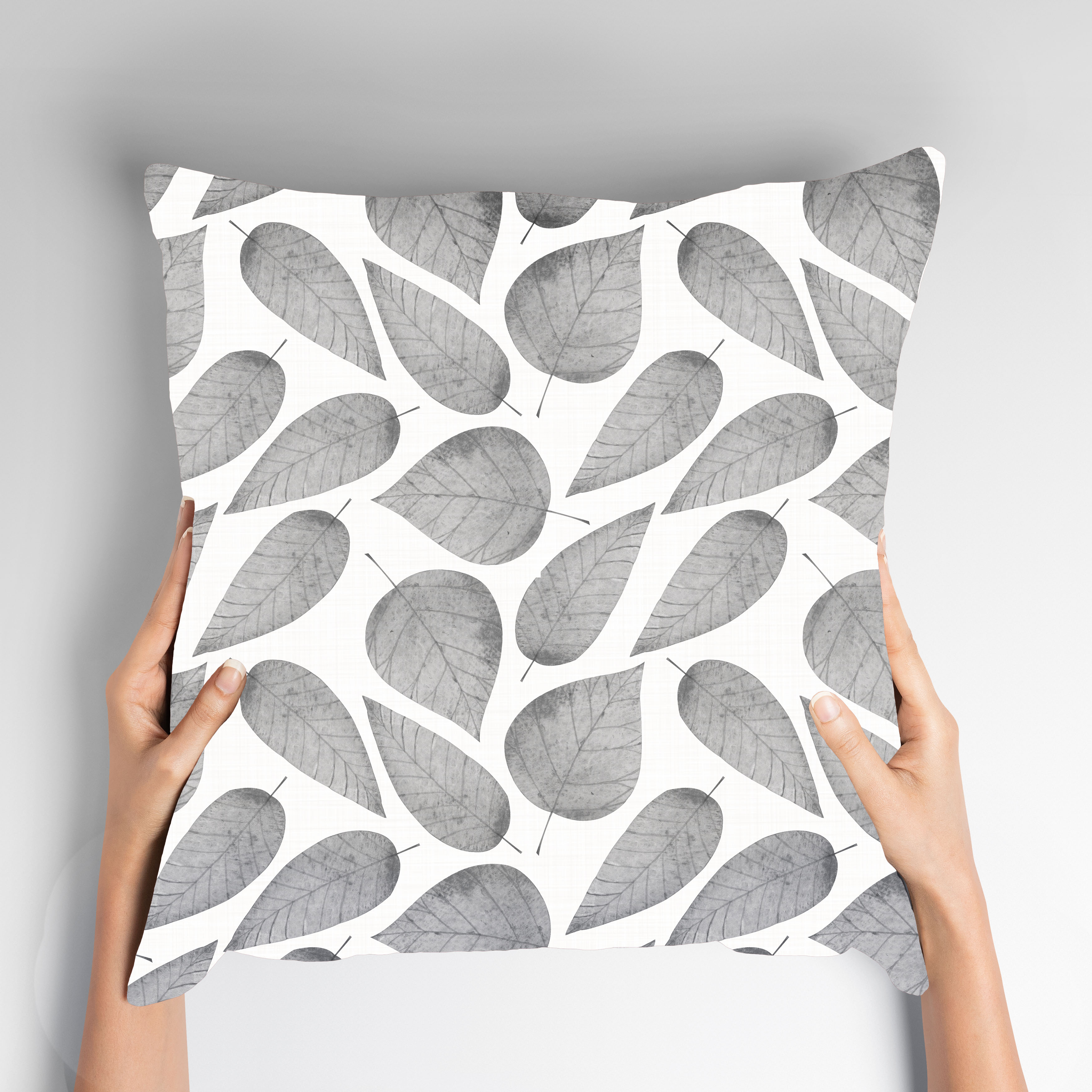 queence Dekokissen "Ila" Kissenhülle,Weißer Hintergrund,Graue Blätter,Minimalistisch,Elegant