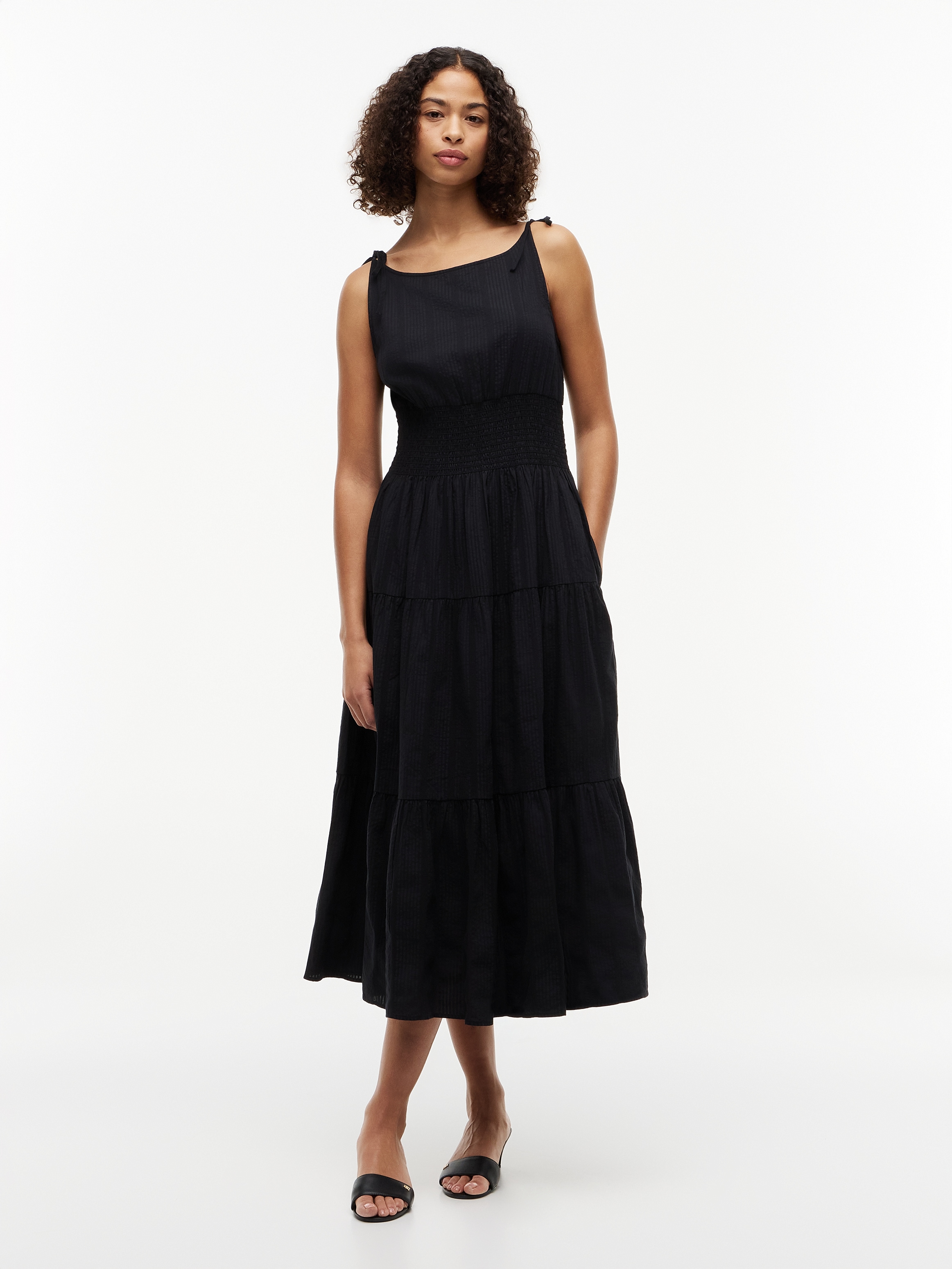 Tommy Hilfiger Trägerkleid "SMOCK TIE NS MIDI DRESS" Ohne Tasche Baumwollmischung, Smok-Einsatz