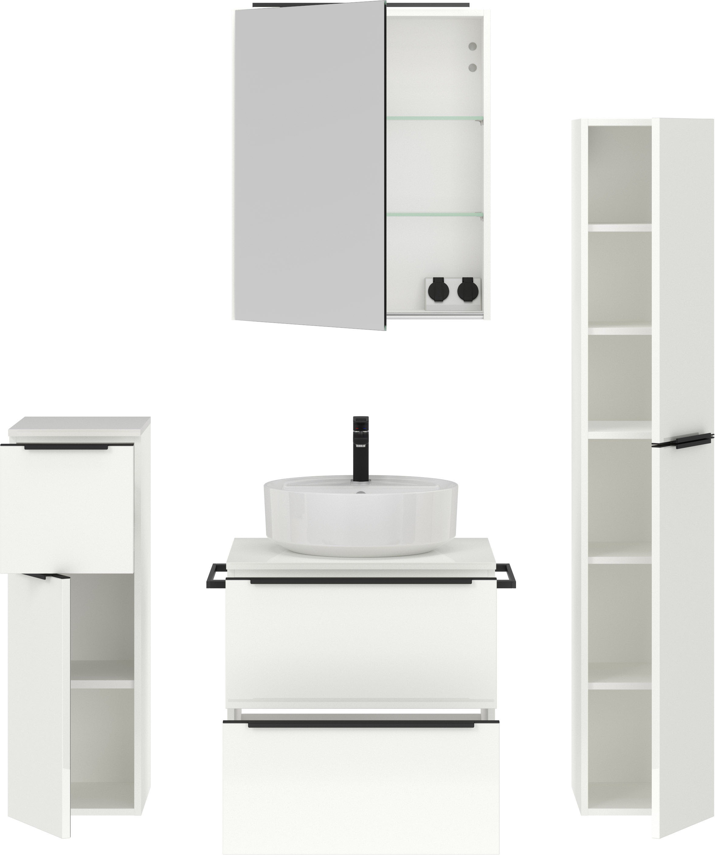 nobilia® Badmöbel-Set »Alvene«, (4 St., vormontiert, mit Soft-Close), inkl. Spiegelschrank mit Beleuchtung und Dimmerfunktion, in 4 Breiten