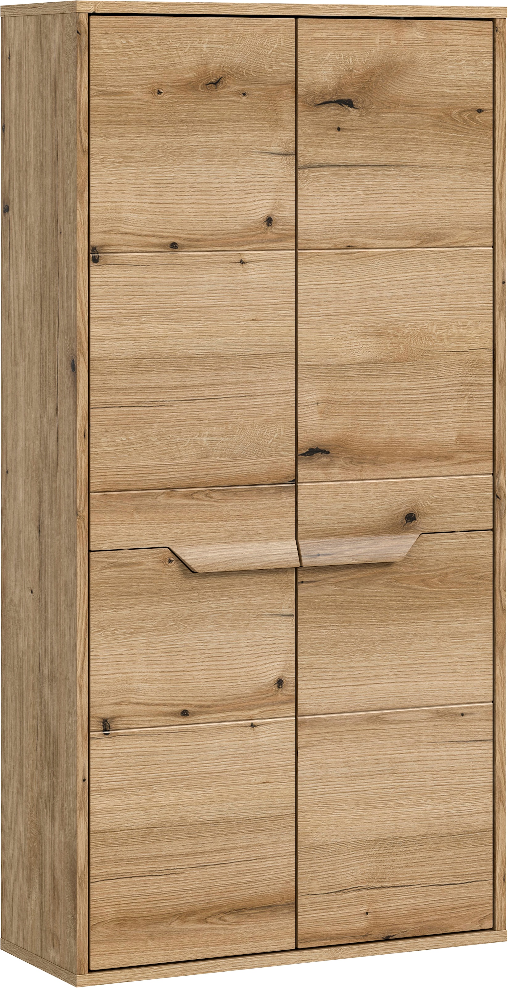 welltime Midischrank "Kayu, Höhe 132cm, stehend/hängend montierbar, 2 Türen, 3 Einlegeböden", einzigartiges Griffdesign,