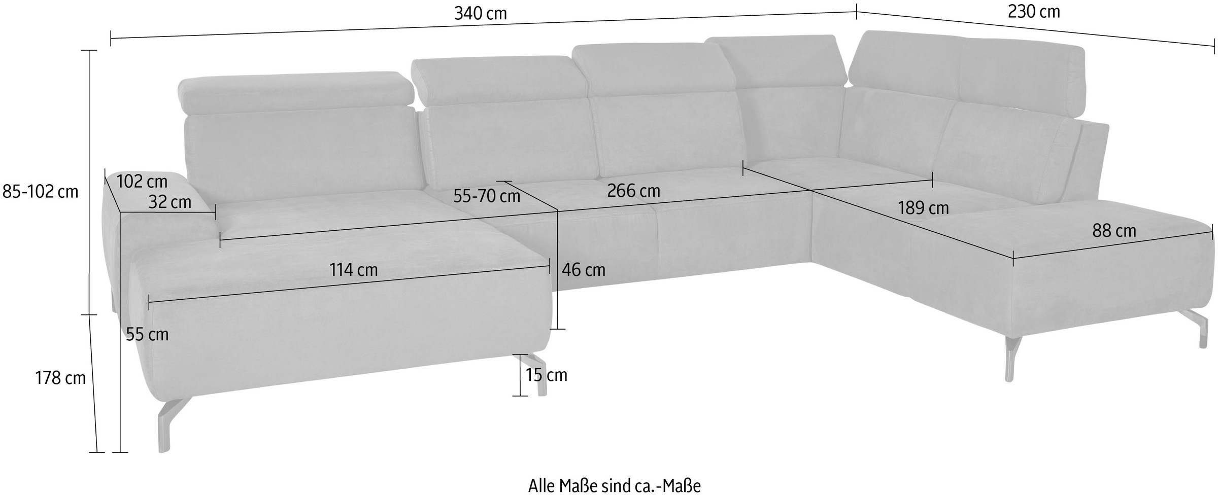 sit&more Wohnlandschaft »Gizeh U-Form«, 15 cm Fußhöhe, inklusive Sitztiefenverstellung und Kopfteilverstellung