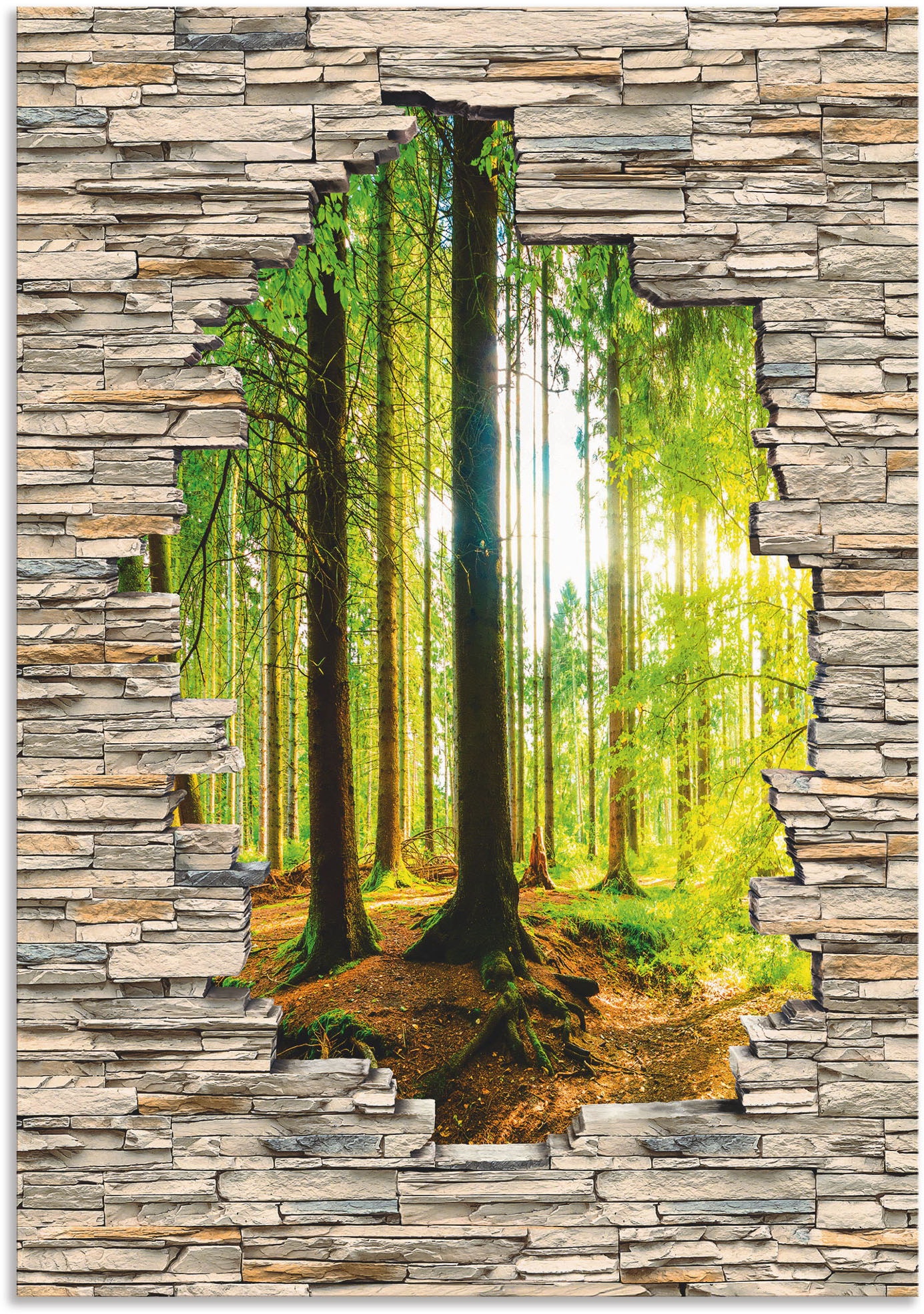 Artland Wandbild "Wald mit Bach Blick Stein Mauer", Waldbilder, (1 St.), als Alubild, Outdoorbild, Poster, Wandaufkleber