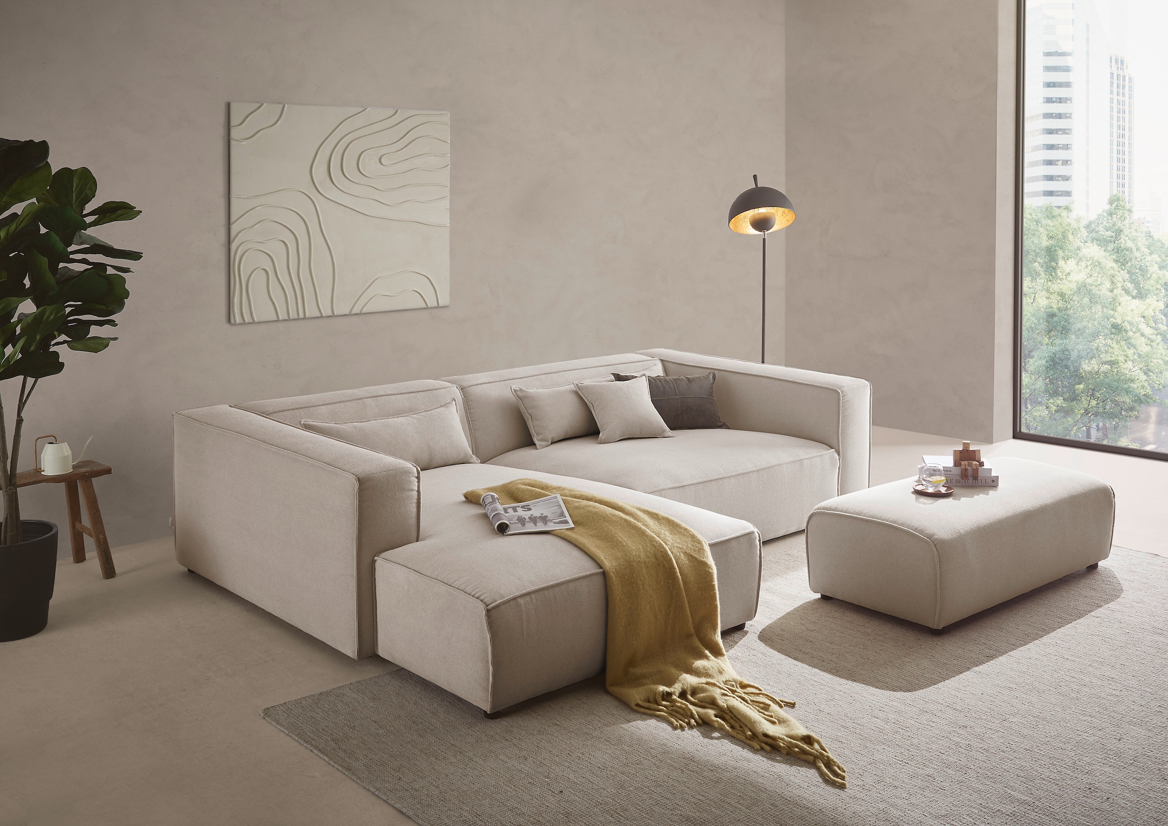 LeGer Home by Lena Gercke Ecksofa "PIARA XXL Struktur u. Leinenoptik, L-Form, Schlaffunktion" Hocker stellbar zum Schlafsofa (Krokodilverbinder), tiefe Sitzfläche