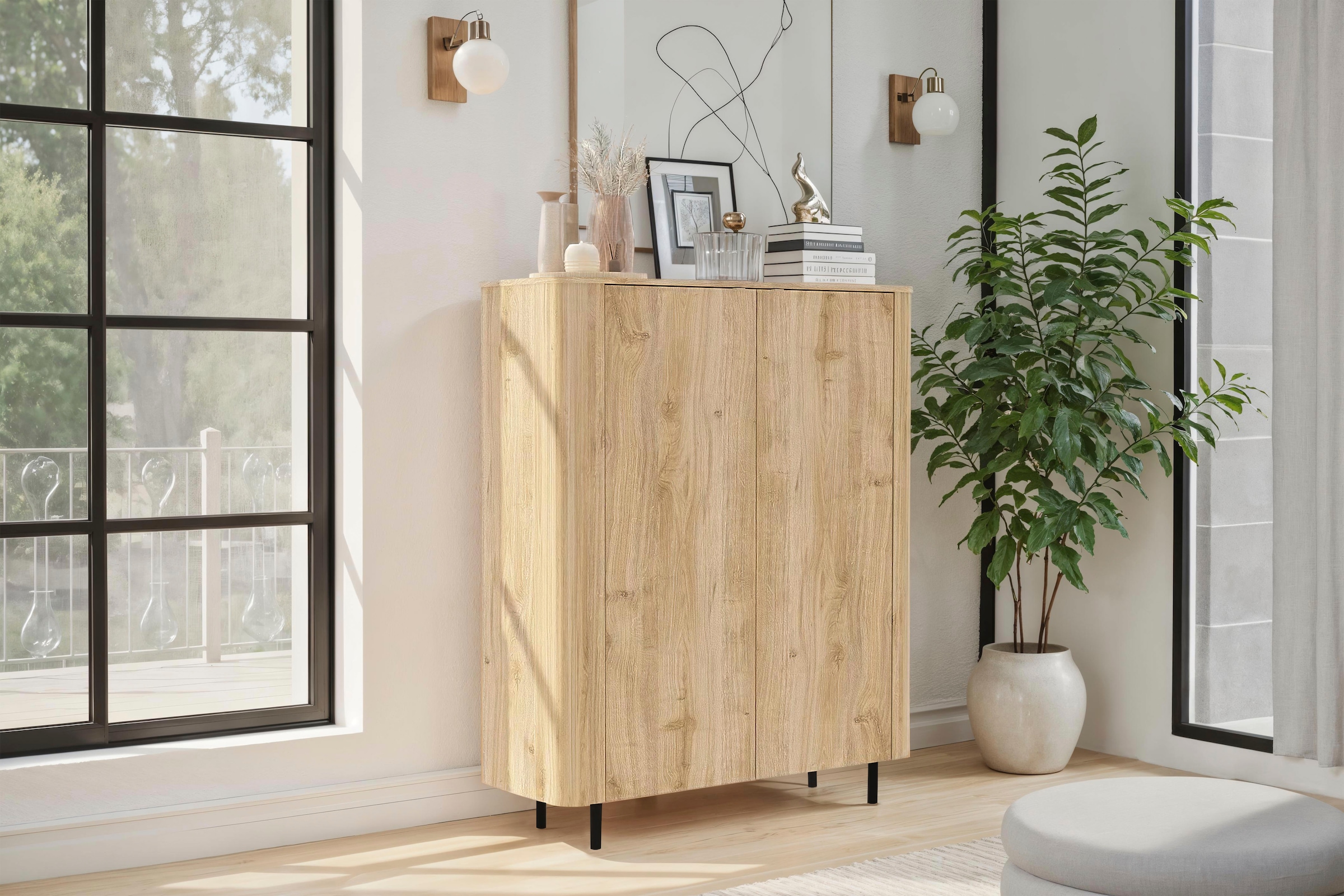 INOSIGN Highboard »Murano, B/H 131/154 cm, 2 Türen, Stauraumschrank, Hochkommode« Formgebogenes MDF, Stirnseiten mit Rundung, Füße und Griffe aus Metall