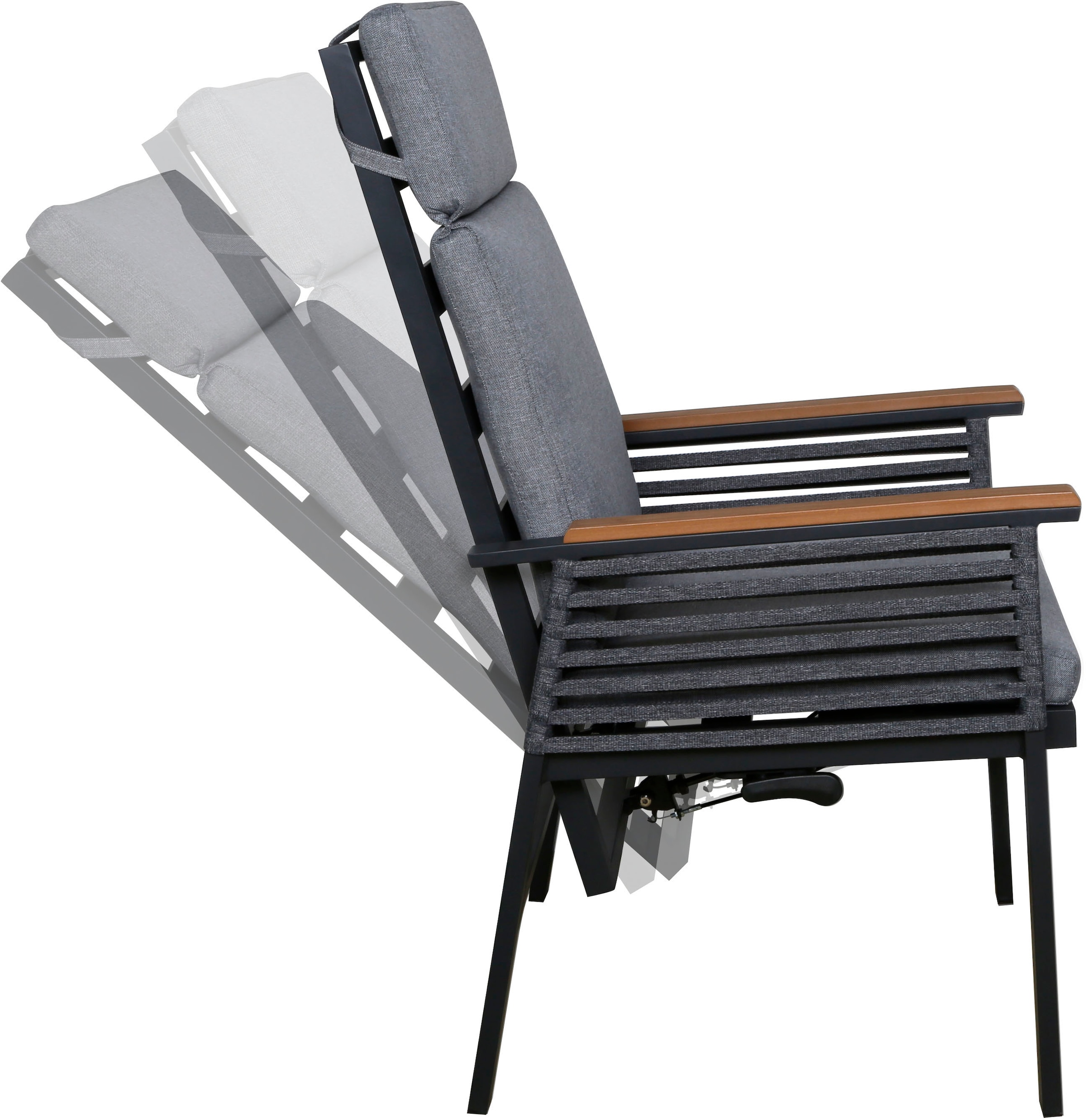 KONIFERA Garten-Essgruppe »Edessa Komfort«, (Set, 17 tlg., 8x Stuhl mit Rückenverstellung, 1x Tisch 220x97x74 cm, inkl. Auflagen), Tischplatte aus Alu-Lamellen,Armlehne mit Seilgeflecht&Noonwood-Latten