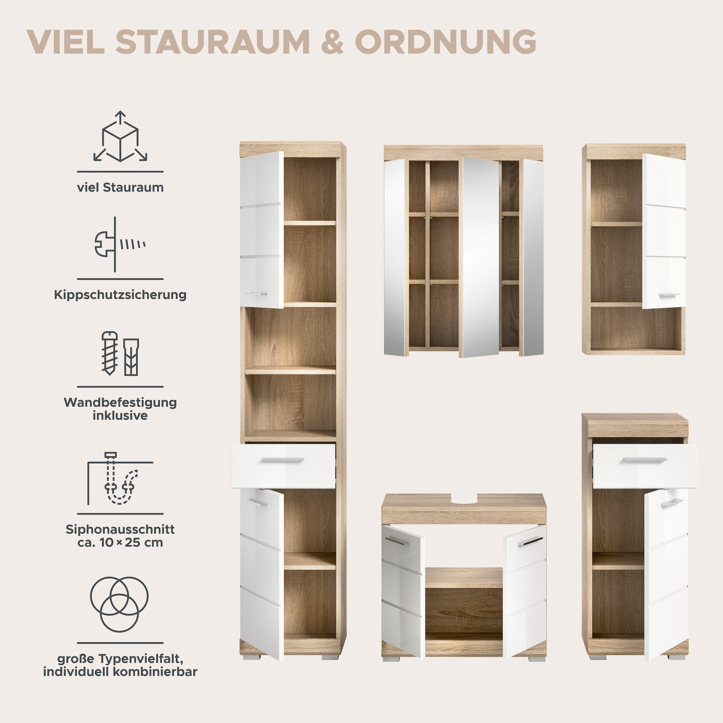 welltime Badmöbel-Set »Siena, 5 teilig, bestehend aus:« Set, TOPSELLER!, 5 Stk. tlg.
