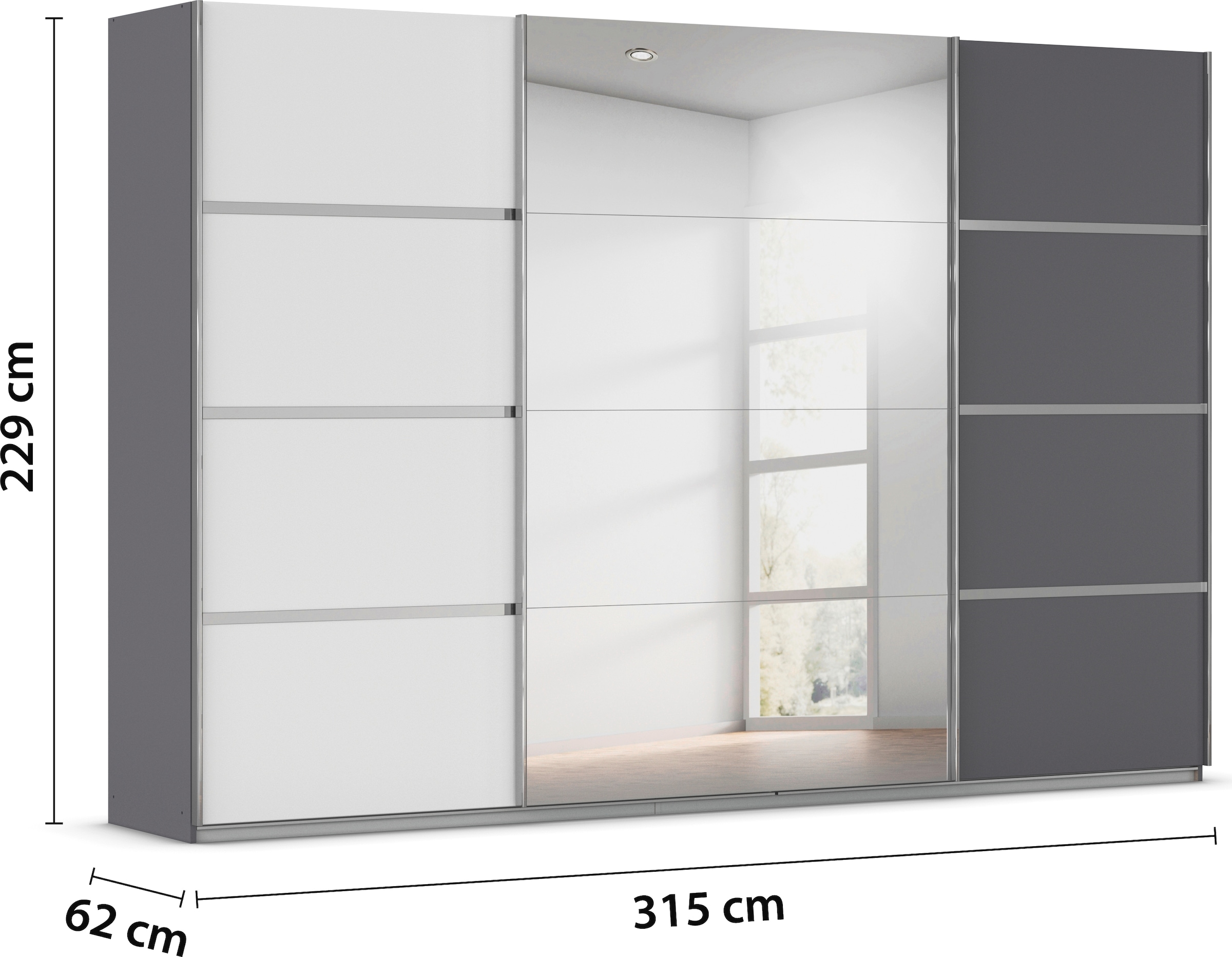 rauch Kleiderschrank »Schwebetürenschrank OTTO´s Choice Garderobe Schrank TOP ANGEBOT Avola«, (in 3 verschiedenen Ausstattungen BASIC/CLASSIC/PREMIUM inkl. Spiegel), mit eleganten Zierleisten in Chrom, Schwarz oder Weiß MADE IN GERMANY