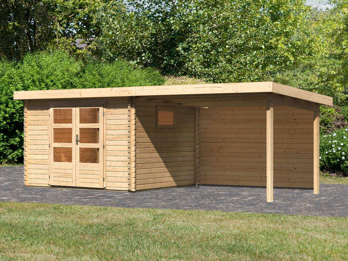 Karibu Gartenhaus »Trittau 3«, mit Anbaudach und Rückwand