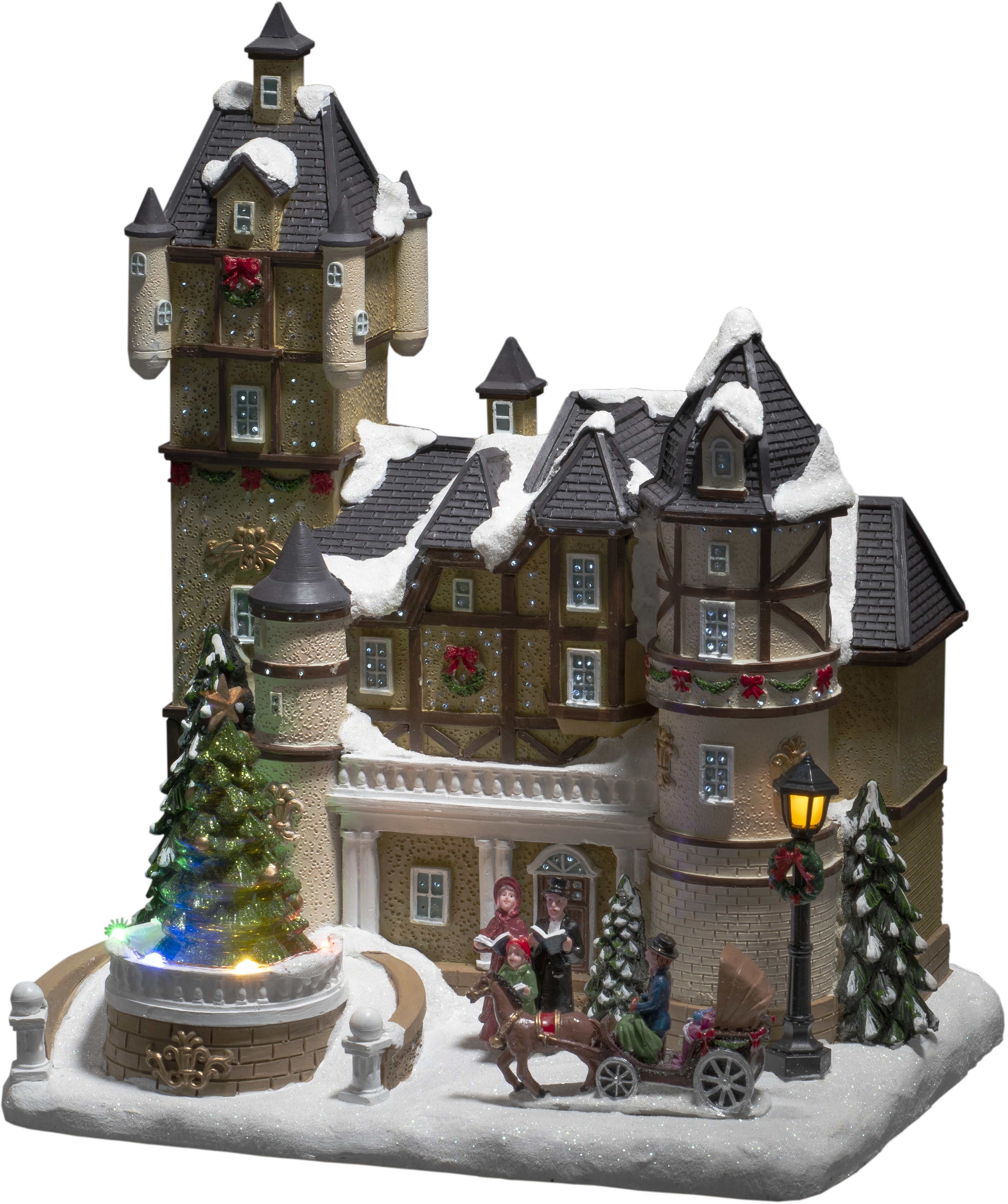 Thumbnail - KONSTSMIDE Weihnachtsfigur "Weihnachtsdeko", LED Fiberoptikhaus m. Burgszene + rotierendem Weihnachtsbaum, m. Musik