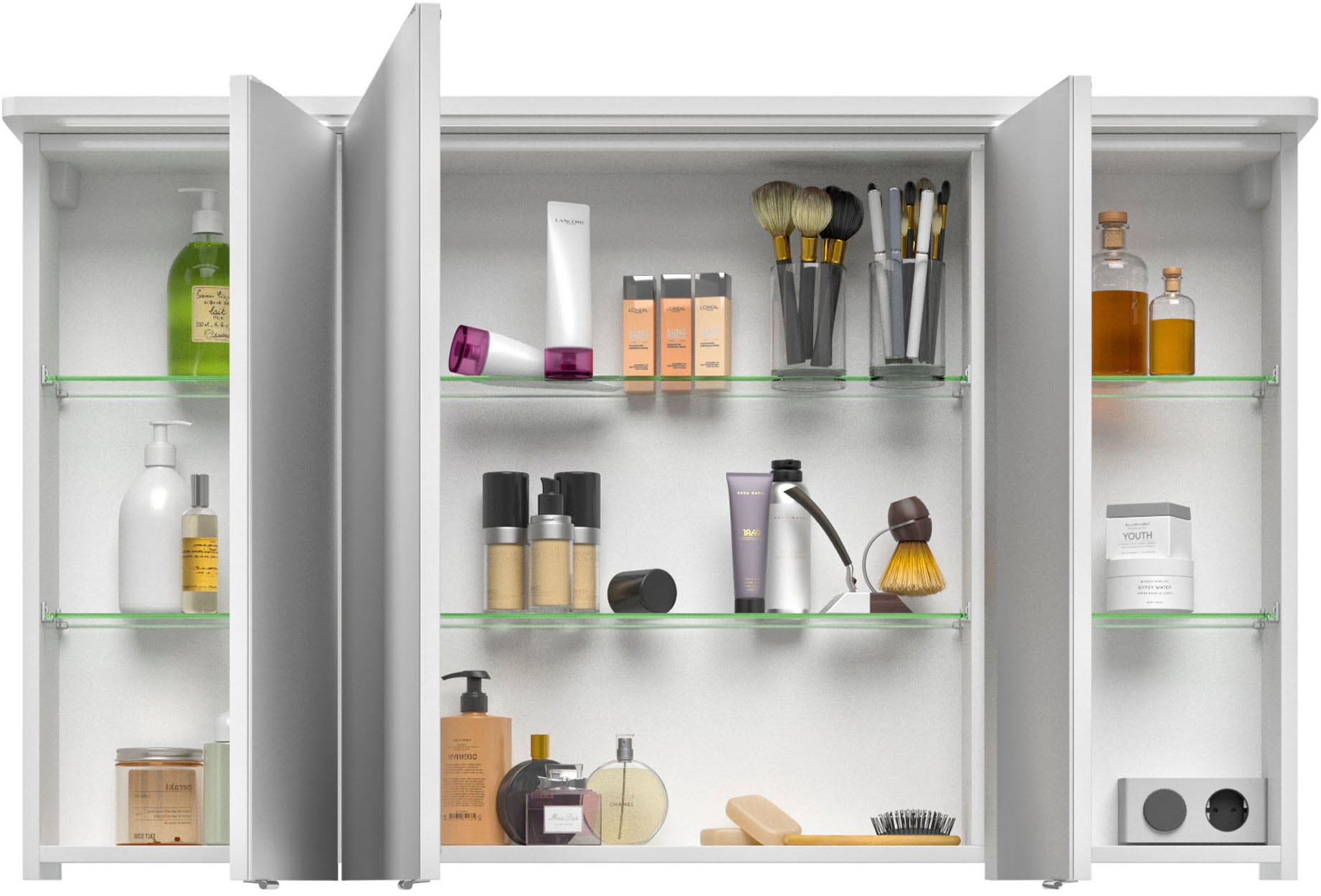 Saphir Badmöbel-Set »Serie 4005, vormontiert, Glaswaschbecken, Spiegelschrank«, (Set, 5 St.), Badezimmer Set 92 cm breit, inkl. Türdämpfer, 3 Türen, 2 Schubladen