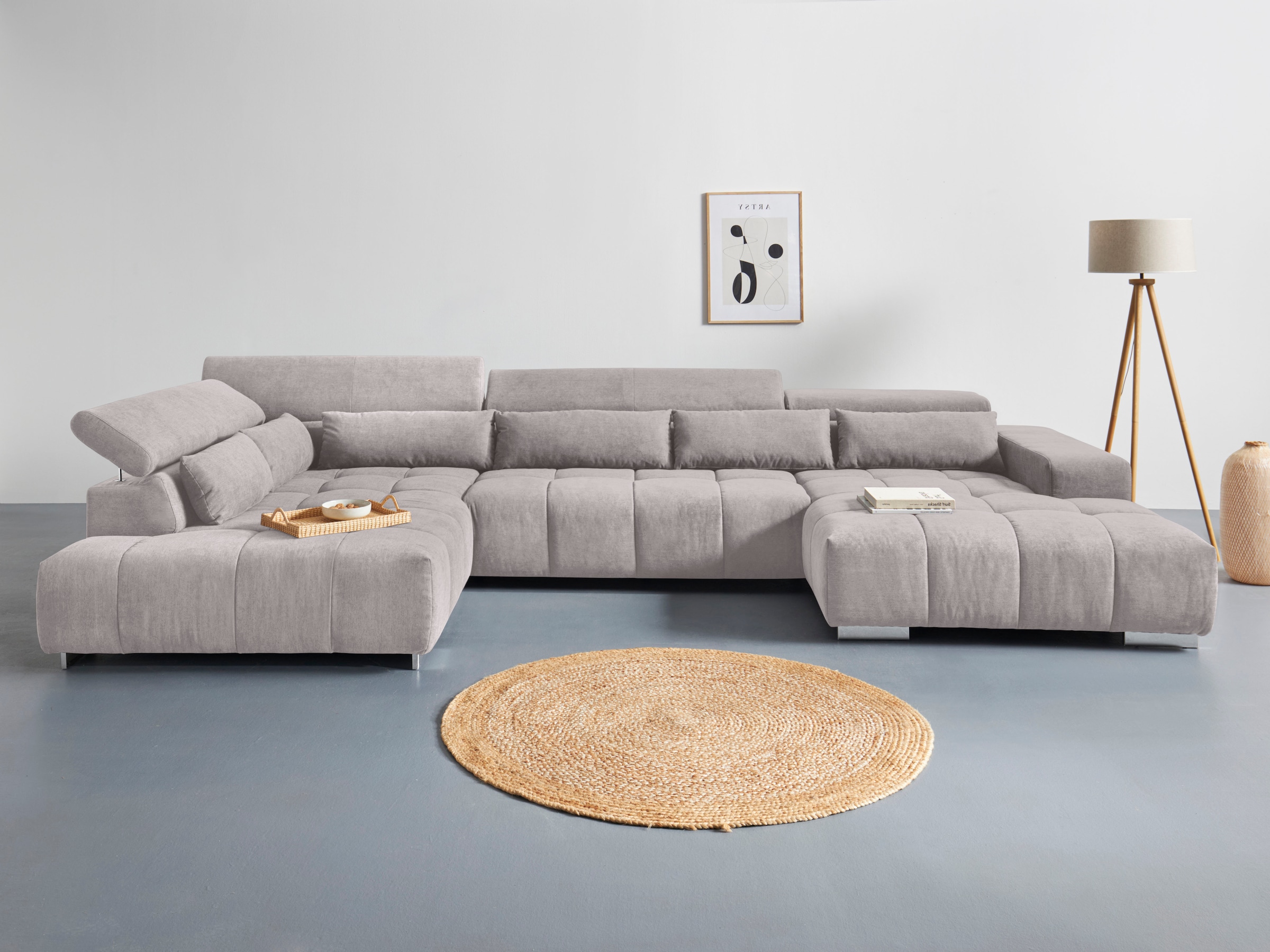 COTTA Wohnlandschaft "Orion U-Form XXL, B: 409 cm, bequeme Wellenunterfederung, top modern" mit Kopfteilverstellung & 6 Nierenkissen