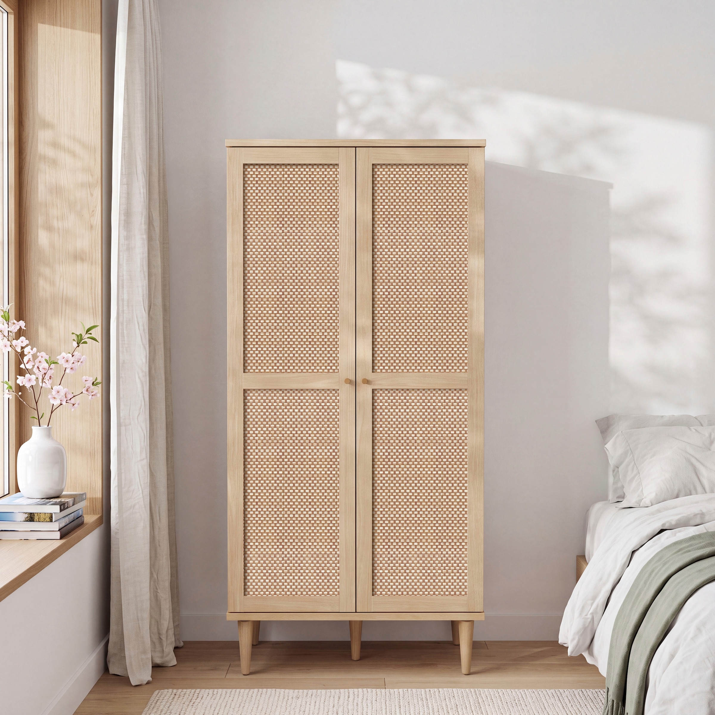 OTTO home Kleiderschrank »ELLIAN mit natürlicher Geflechtoptik und warmem Holzdekor« Holzfüße, Metallgriffe, Made in EU, viel Stauraum, FSC® zertifiziert