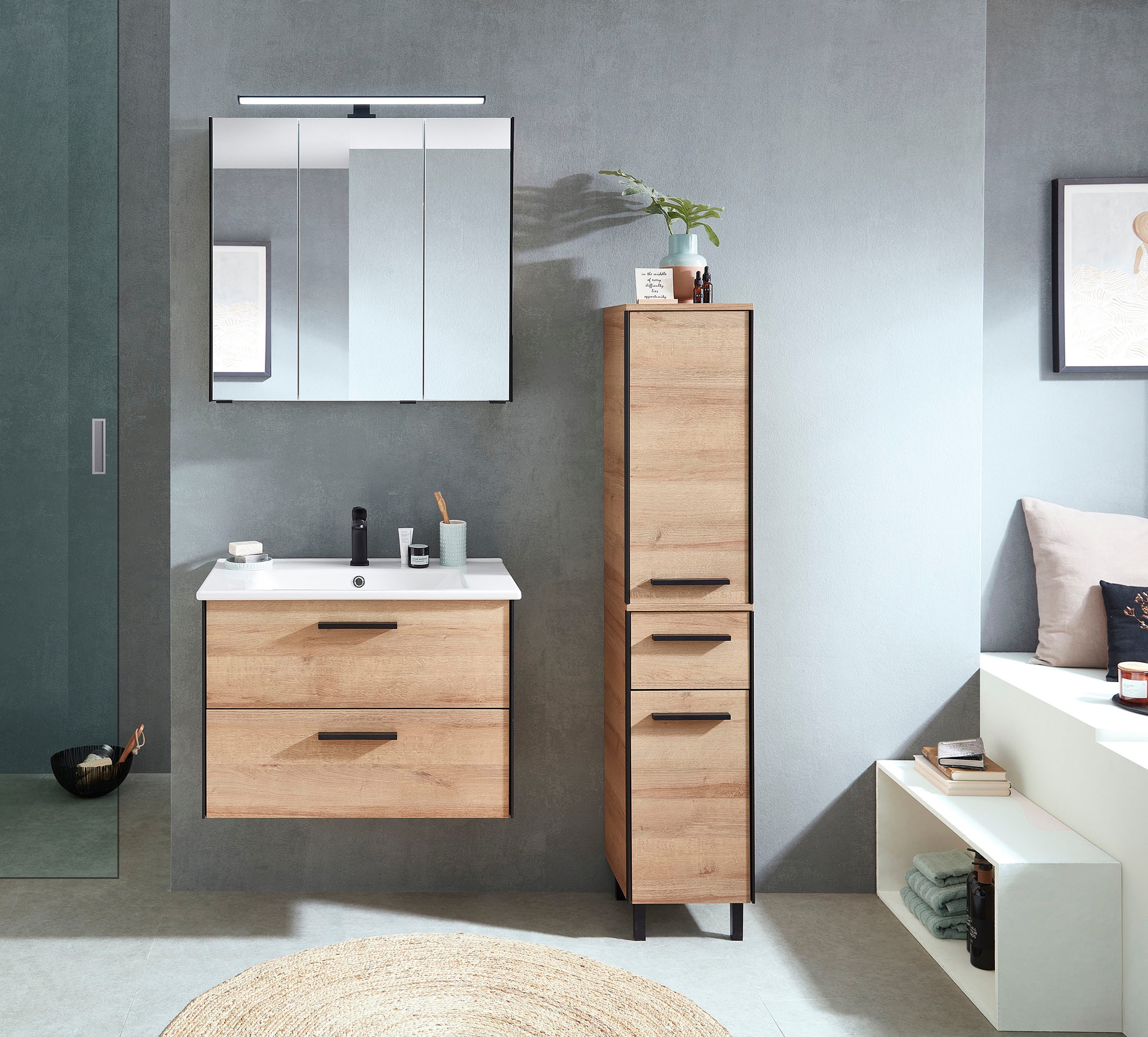 Saphir Badmöbel-Set »Quickset 395 3-teilig, Keramikwaschtisch mit LED-Spiegelschrank«, (5 St.), Midischrank, inkl. Türdämpfer, 5 Türen, 3 Schubladen, Bad-Set
