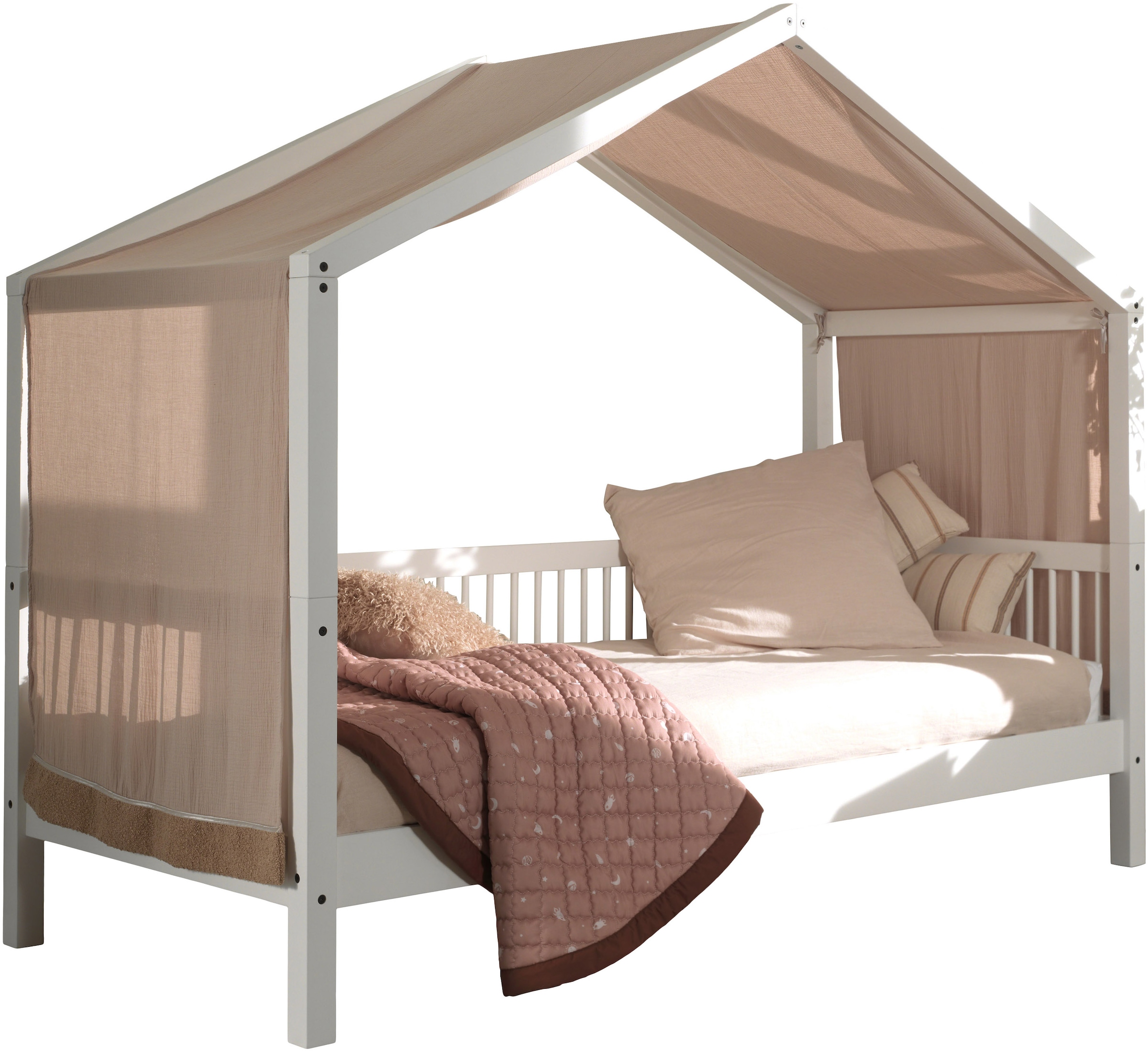 Vipack Hausbett "Forrest mit Dachaufbau, Textilhimmel, später umbaubar zum Einzelbett" mit Textilhimmel, Höhe mt Dachaufbau ca. 170cm, 90/200 Buche massiv weiß lackiert, wahlweise mit o. ohne Bettschublade