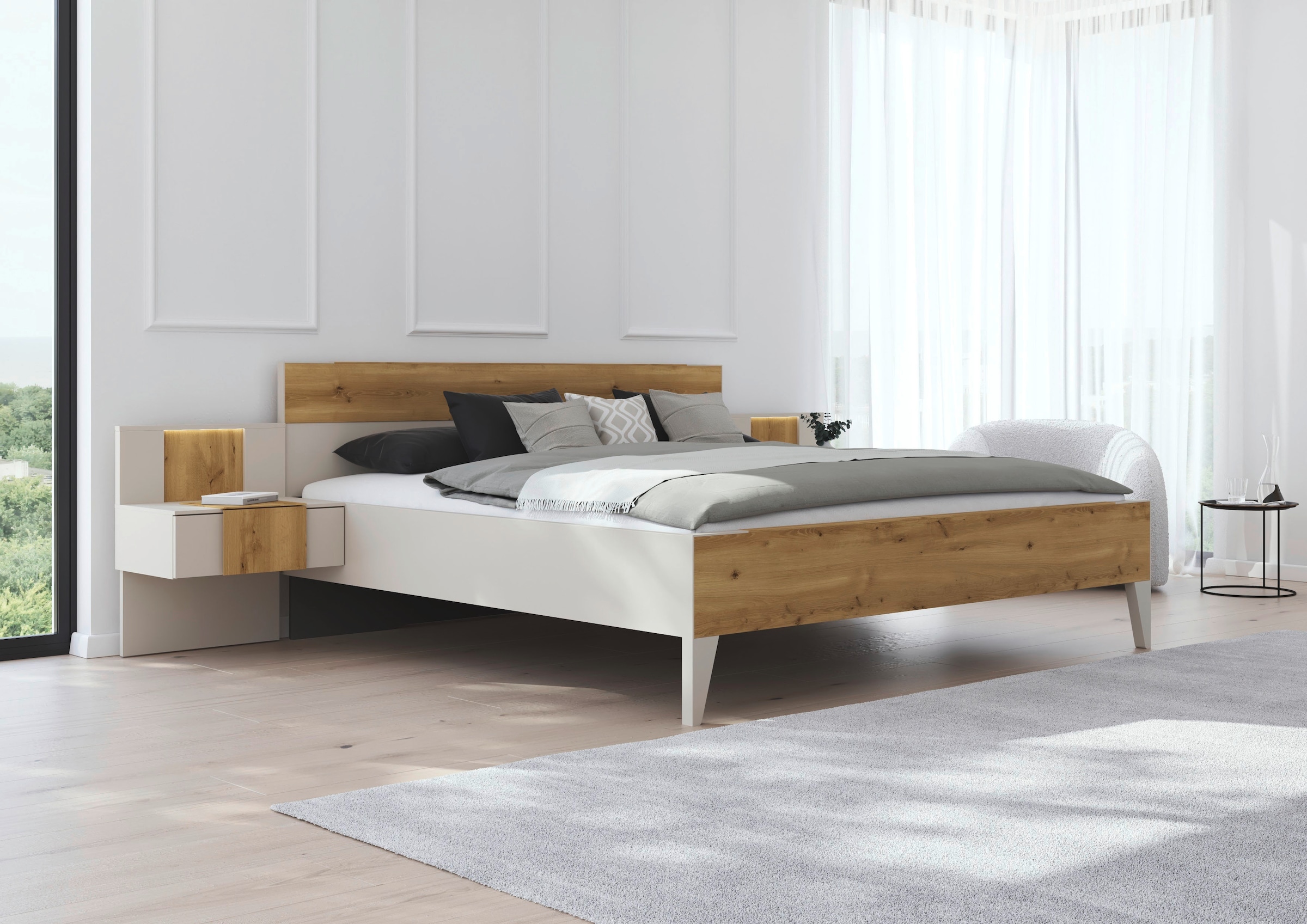 rauch Bettanlage »Bett Doppelbett Komfortbett Schlafzimmer Nachttische KONA« Set, Bett 180x200 oder 200x200, 2x Hängenachttisch, 2x Paneele mit Bel., 5 tlg. tlg. Absetzung Asteiche massiv, inkl. SOFT-CLOSE-FUNKTION MADE IN GERMANY