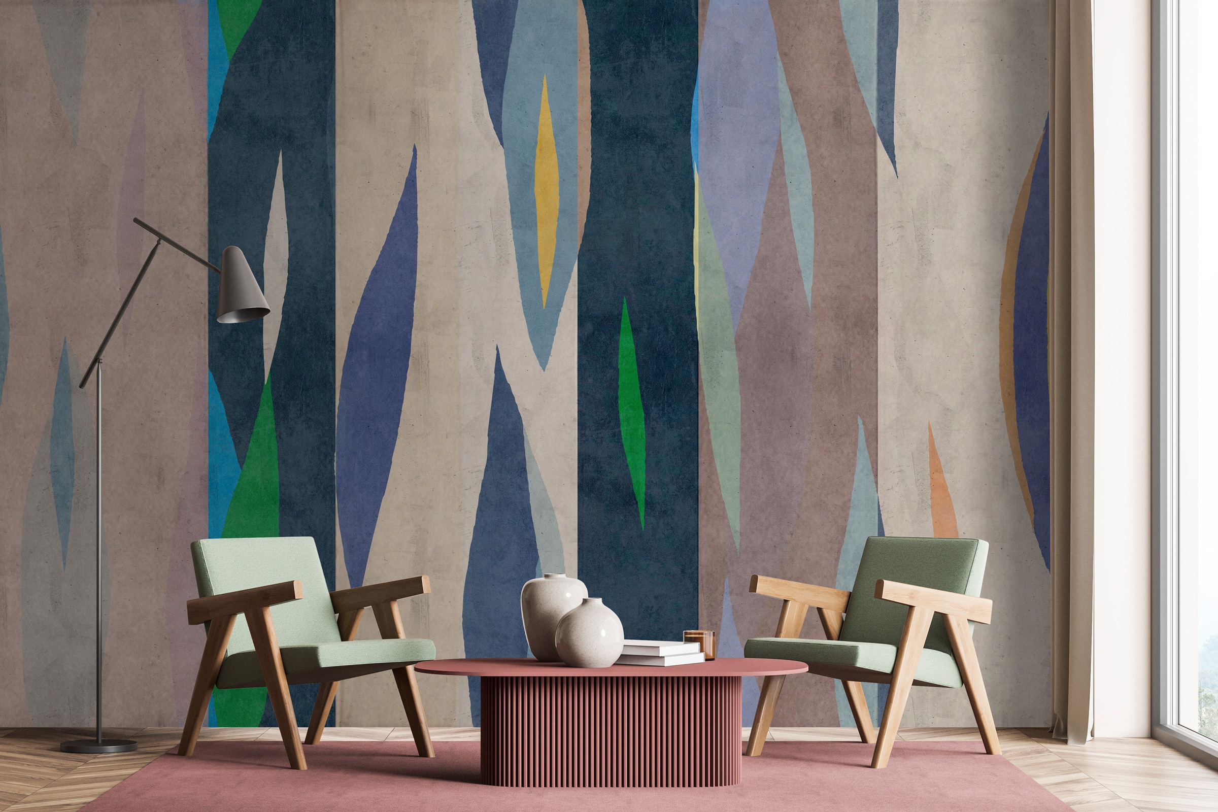 living walls Vliestapete "Abstrakte Design-Tapete Bunt Beige Blau organisch" matt glatt