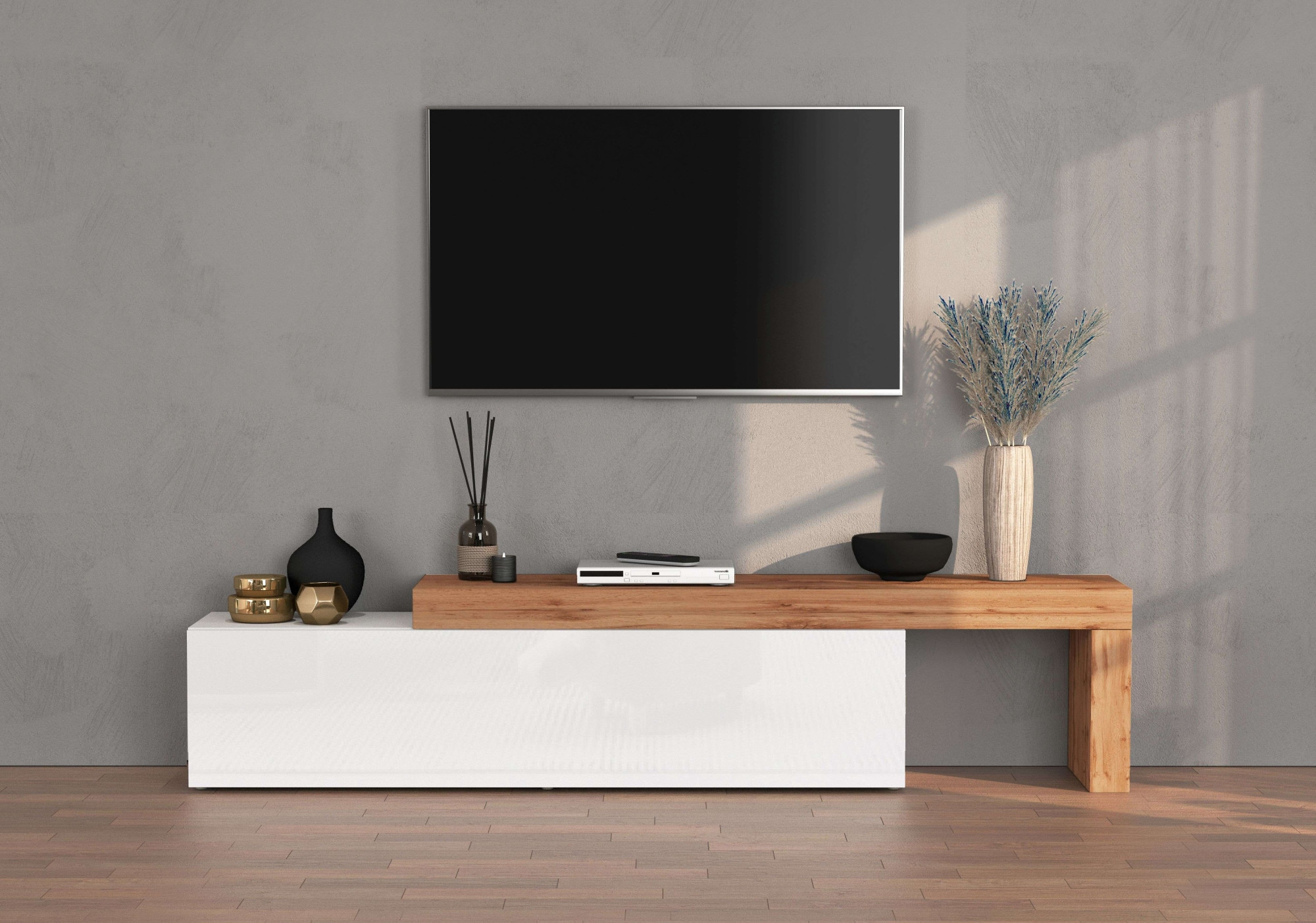 INOSIGN Lowboard »Chronos TV-Board, TV-Schrank«, (1 St., Breite verstellbar von 190 bis 350 cm), Breite 270 cm TV-Board,Lowboard,1 Klappe und ein L-Förmiger Aufsatz