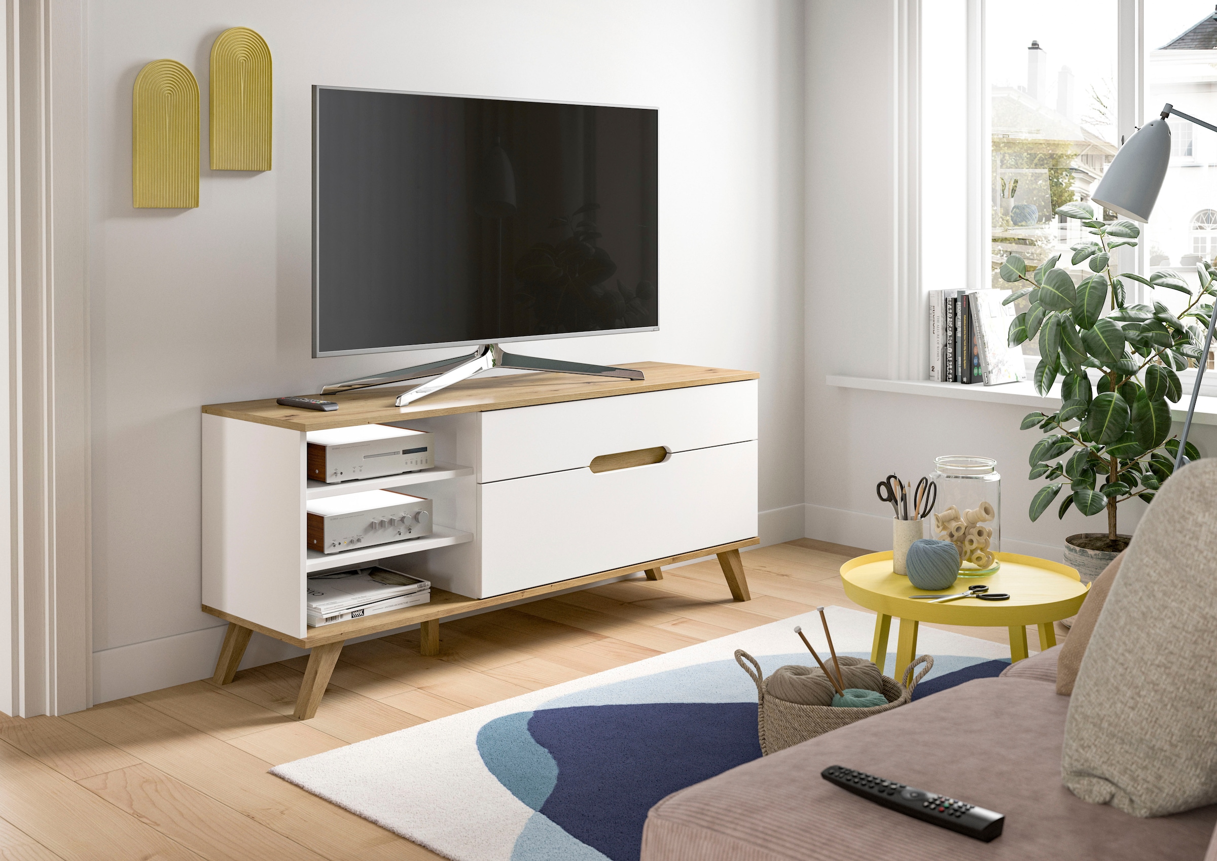 Home affaire Lowboard "Alesund", 1 Schubkasten, 1 Klappe, konischer Fuß, TV Möbel, TV Schrank