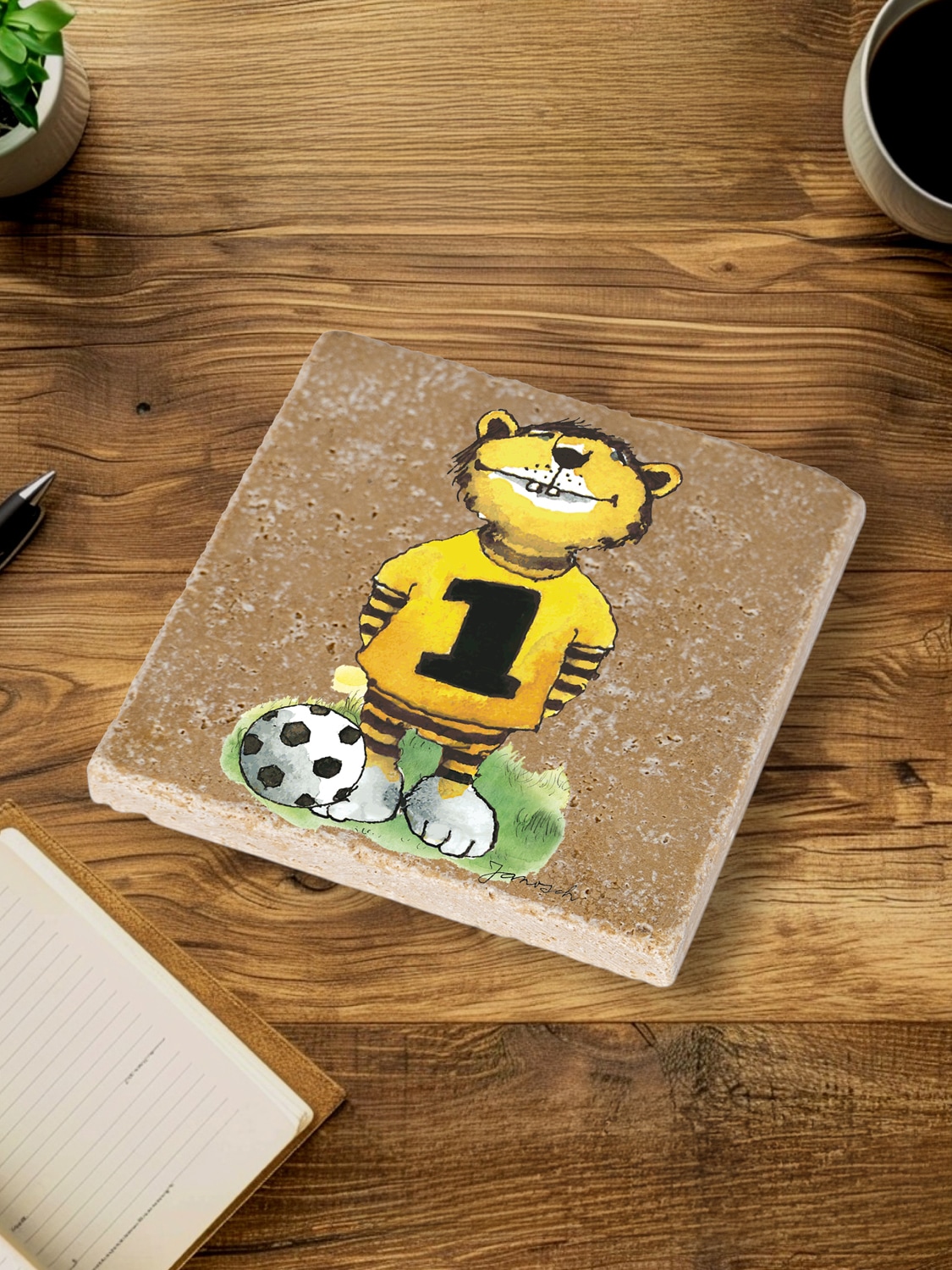 LuckyLinde Getränkeuntersetzer »Der Tiger mit Fußball«, (Set, 4 tlg.), Janosch Set Topfuntersetzer Naturstein Untersetzer 10x10x1cm