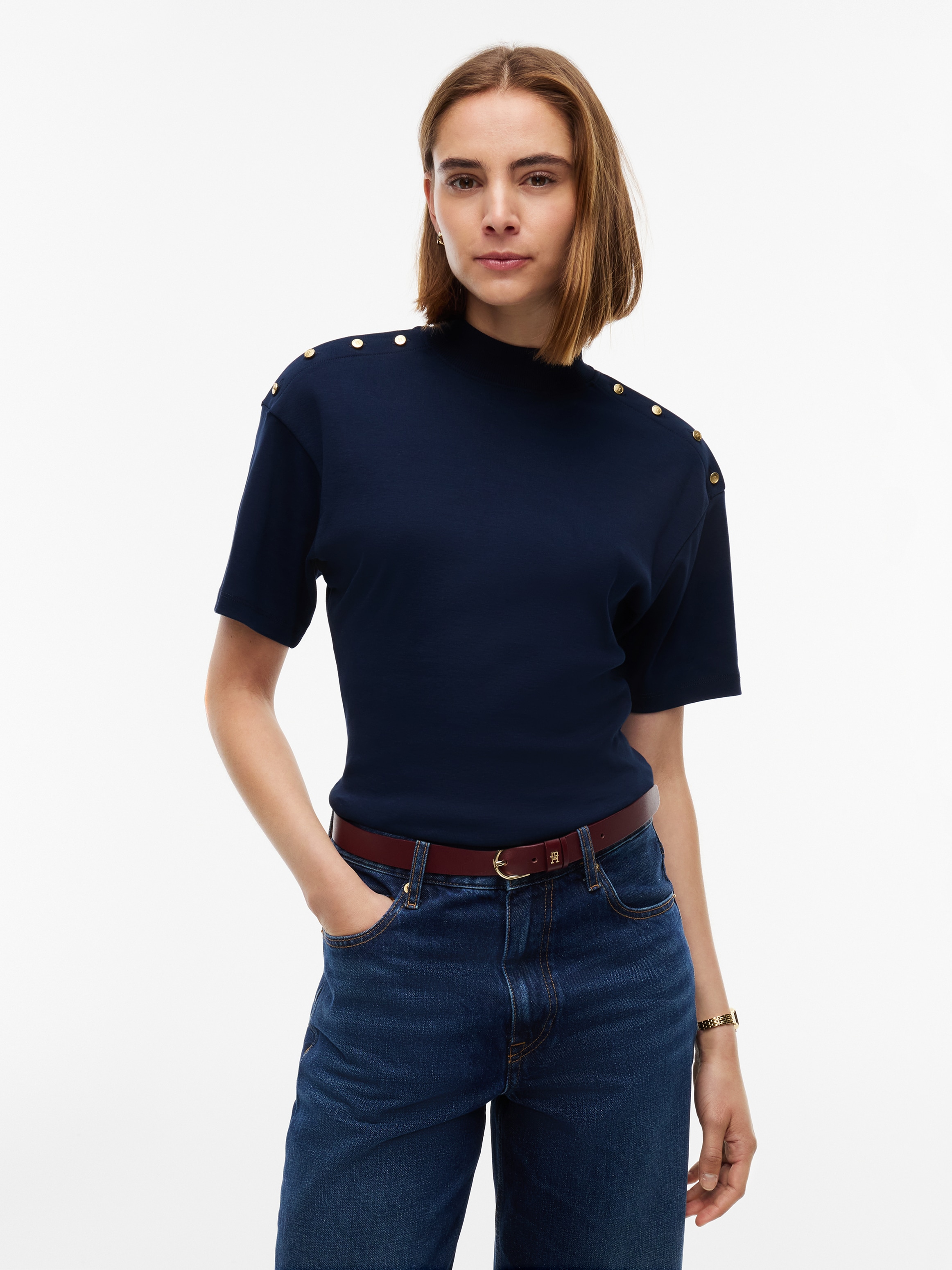 Tommy Hilfiger T-Shirt "GOLD BUTTON HIGH-NK S/S TEE" Baumwolle