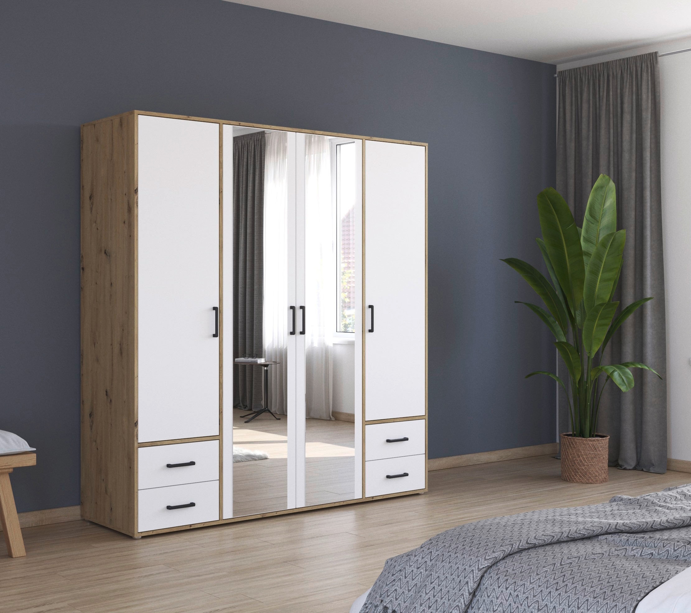 rauch Drehtürenschrank »Kleiderschrank Schrank Garderobe Wäscheschrank VOYAGER«, (in 3 verschiedenen Ausstattungen BASIC/CLASSIC/PREMIUM), mit modernen Griffen in Graumetallic, inkl. Schubkästen und Spiegel
