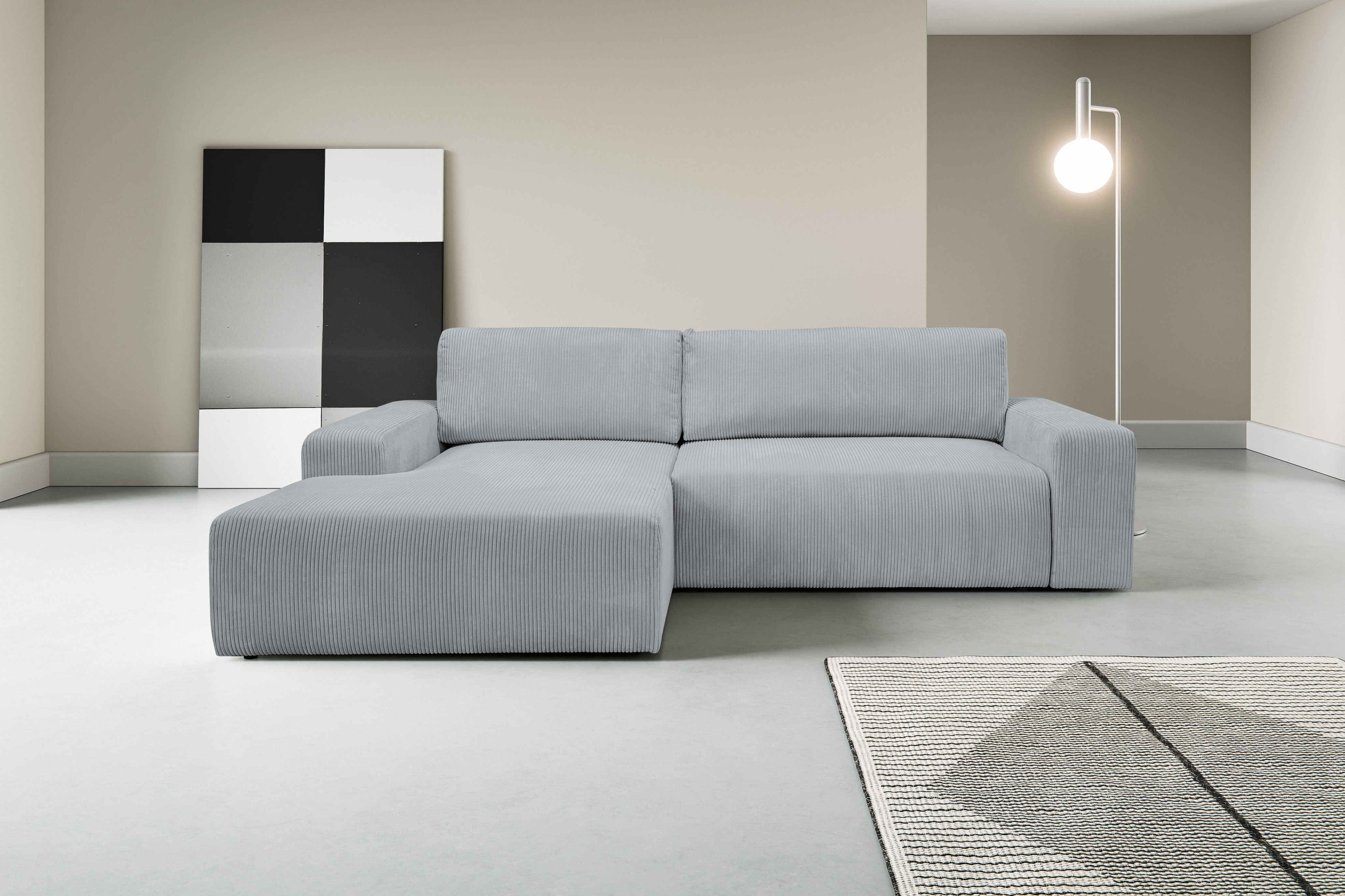 WERK2 Ecksofa "Rotterdam-L 267 x 165 cm modern und bequem" Cord, L-Form, Schlaffunktion, Bettkasten