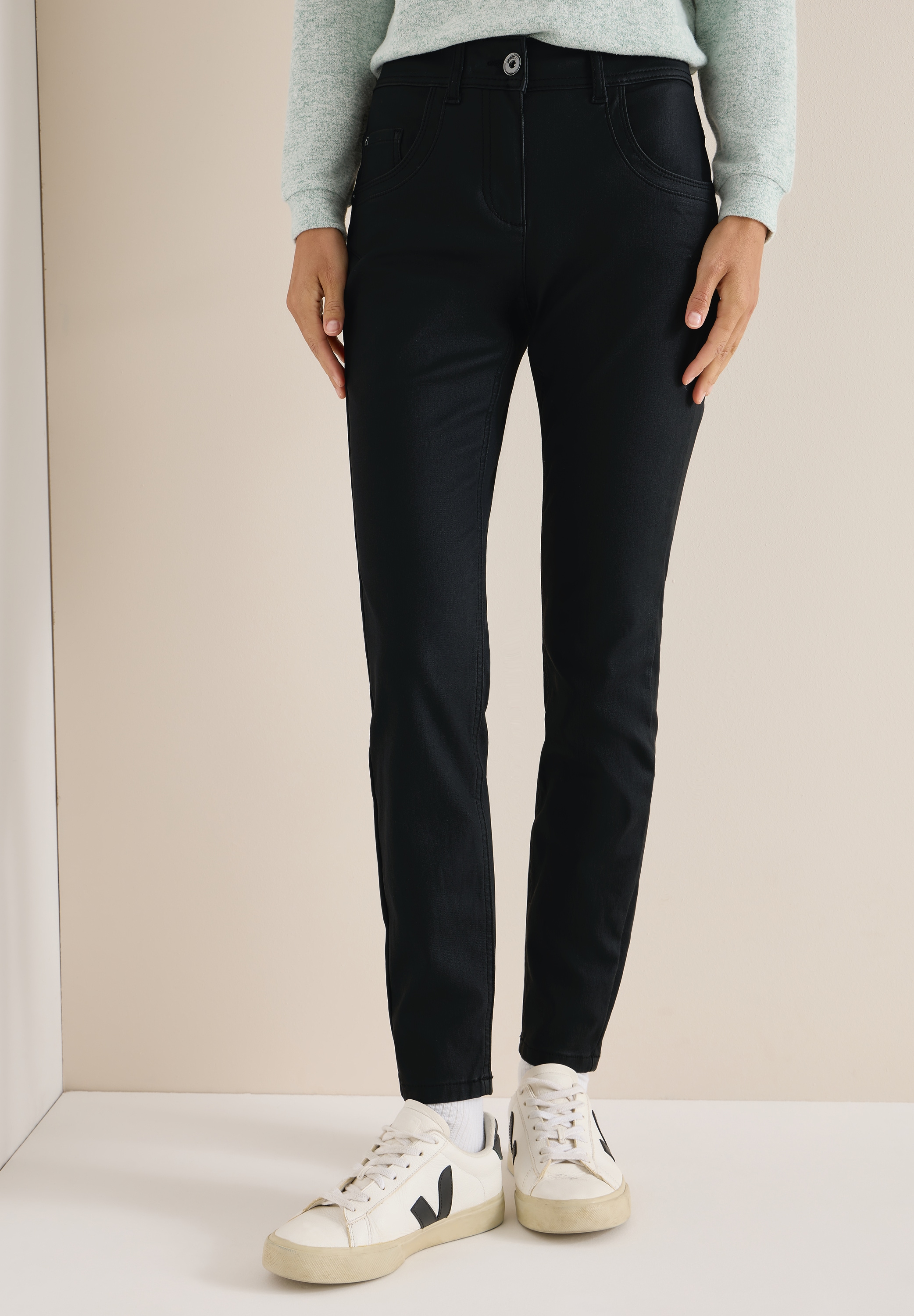 Lederimitathose CECIL, Damen, Gr. 32, Länge 30, schwarz, Stoff, 76% Viskose, 21% Nylon, 3% Elasthan, unifarben, slim fit lang, Hosen, in Fake-Leder-Optik