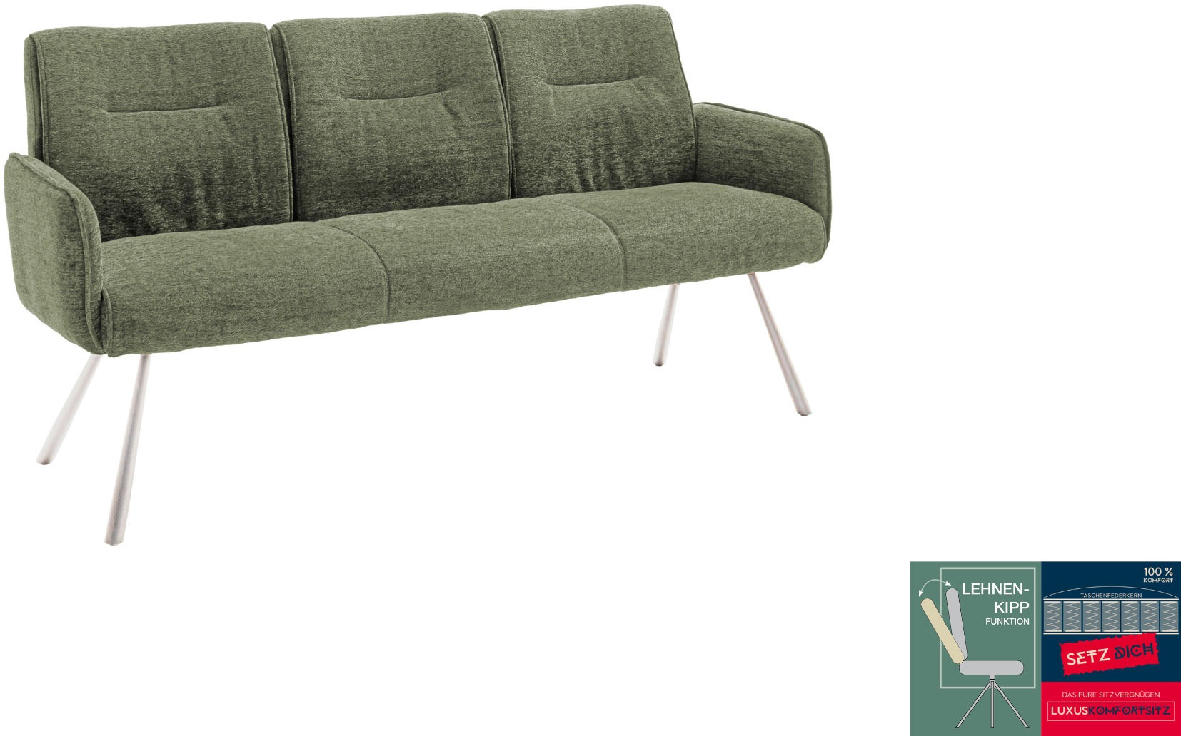 Sitzbank MCA FURNITURE "Delane", olive, edelstahlfarben, B:183cm H:92cm T:67cm, Edelstahl, Stoff, Sitzbänke, Sitzbank, Taschenfederkern, Lehnenkippfunktion, Armlehnen, beweglicher Rücken
