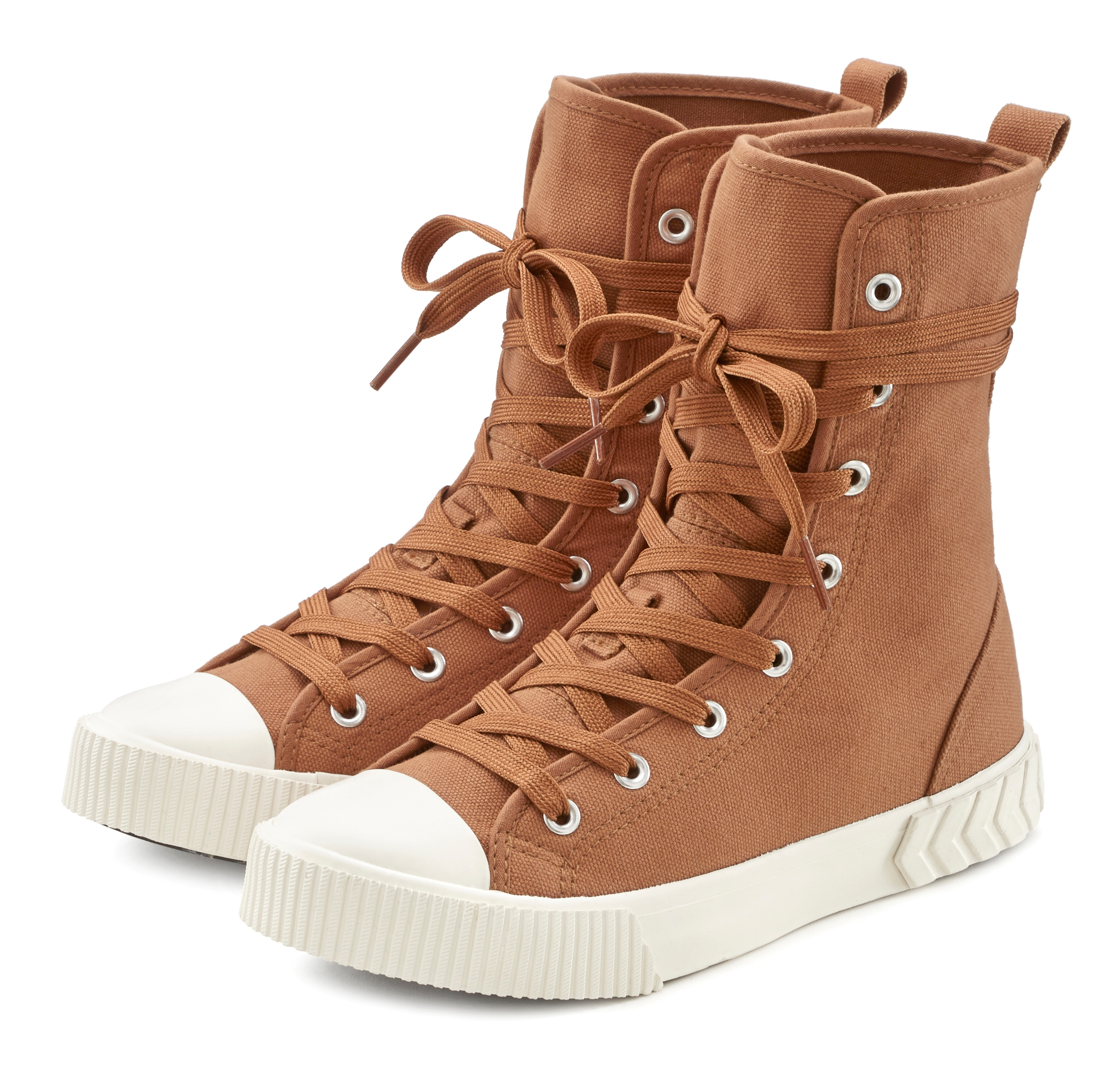 LASCANA Stiefelette "High-Top Sneaker, Textil-Boot, Herbststiefelette, Schnürschuh," im Combat Look VEGAN