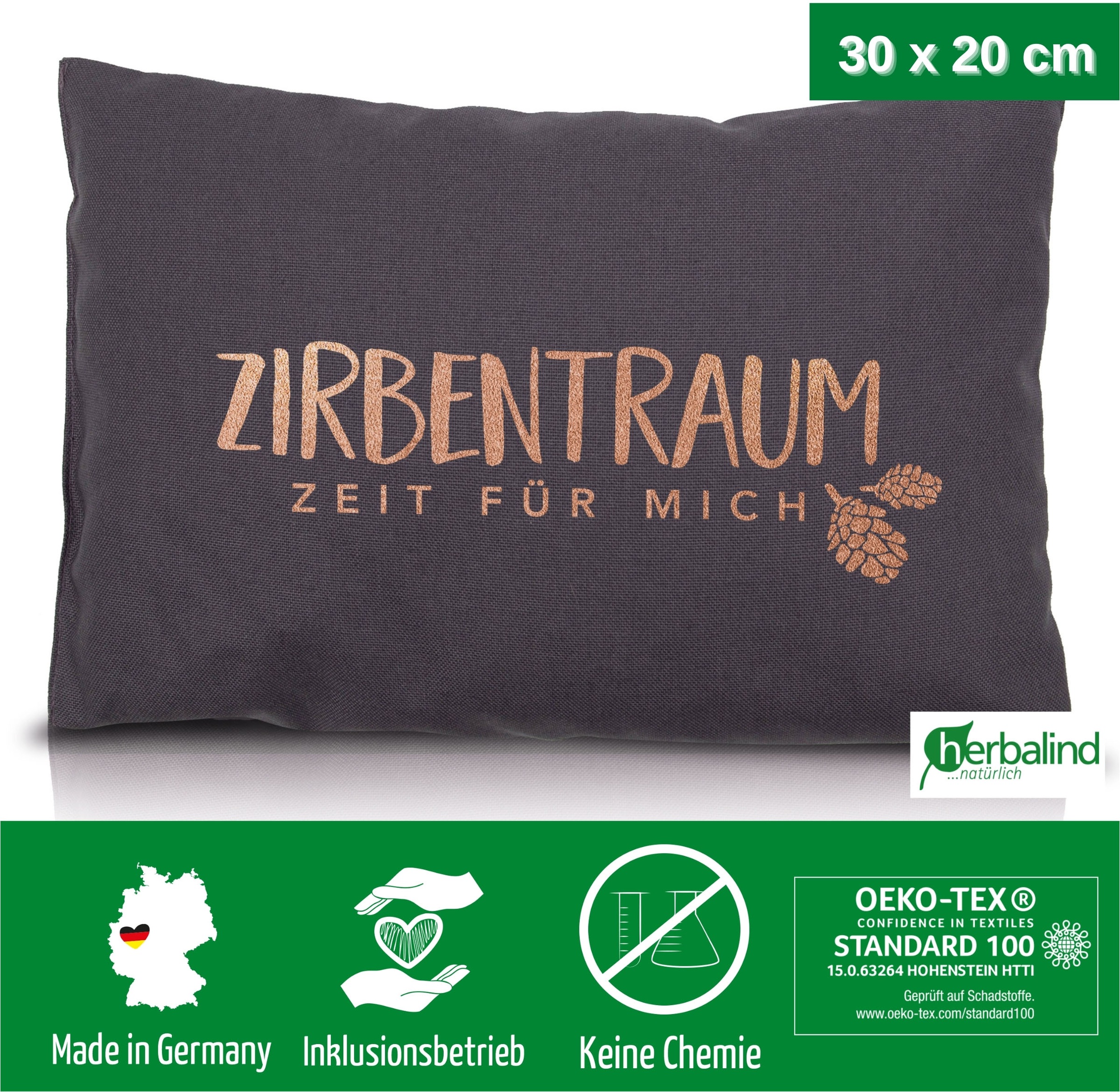 herbalind Zirbenkissen »Zirbentraum in Anthrazit/Roségold 30x20 mit Reißverschluss - Gefüllt«, (1 tlg.), mit hochwertigen Zirbenholzflocken 100% Baumwolle - Made in Germany