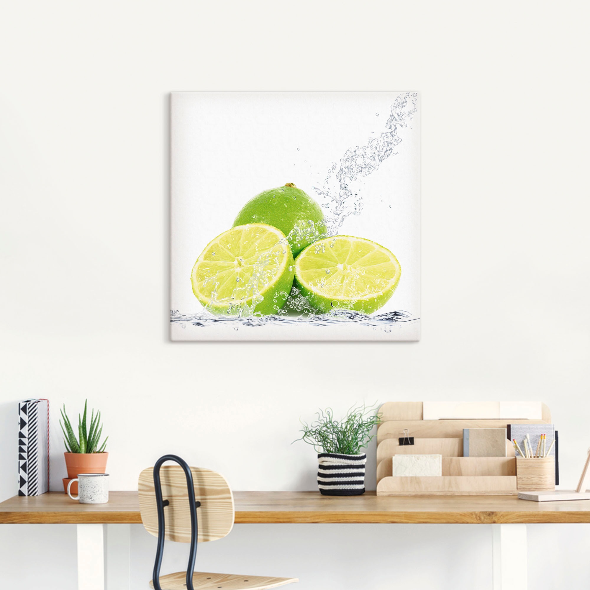 Artland Leinwandbild "Limette mit Spritzwasser" Lebensmittel 1 Stk. tlg. auf Holzrahmen gespannt