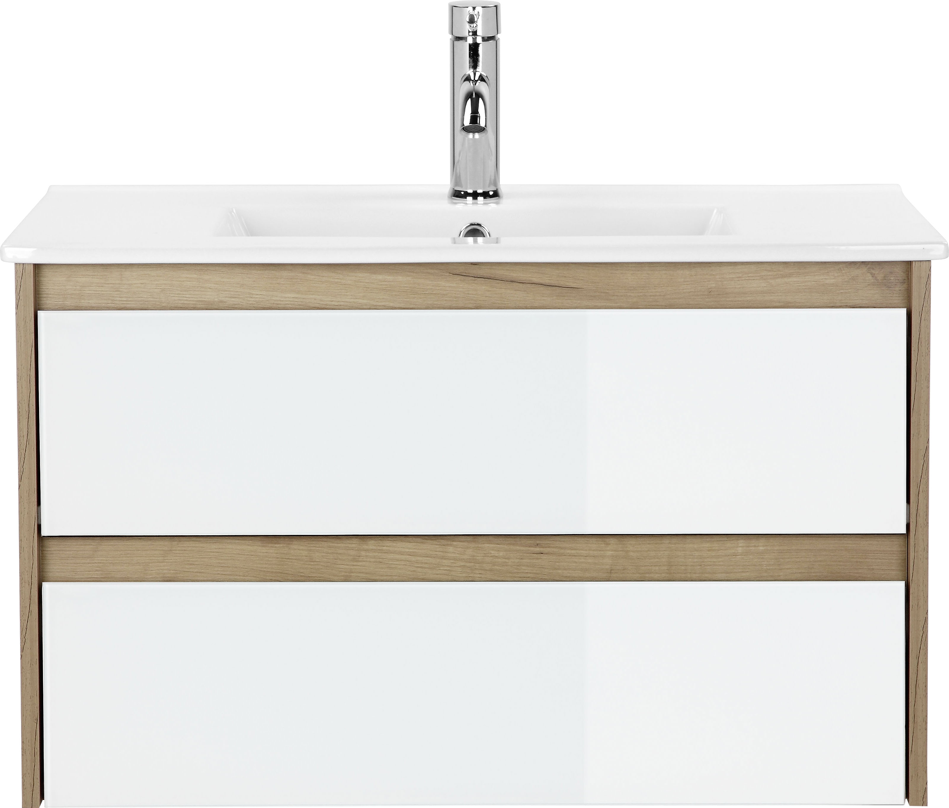 Thumbnail - welltime Waschtisch "Torun Badezimmerschrank Unterschrank mit Glasfronten und Softclose" Set, Waschplatz mit 2 Schublade...