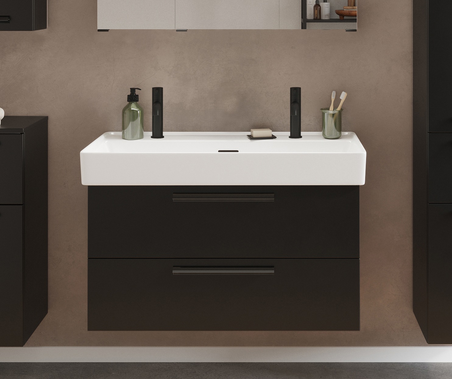 welltime Waschtisch »SALVADA, Softclose-Auszüge, Keramikbecken« Maße (B/T/H): 100/48/63 cm,  Schwarz, Lochbohrung für zwei Armaturen, Anti-Finger-Print