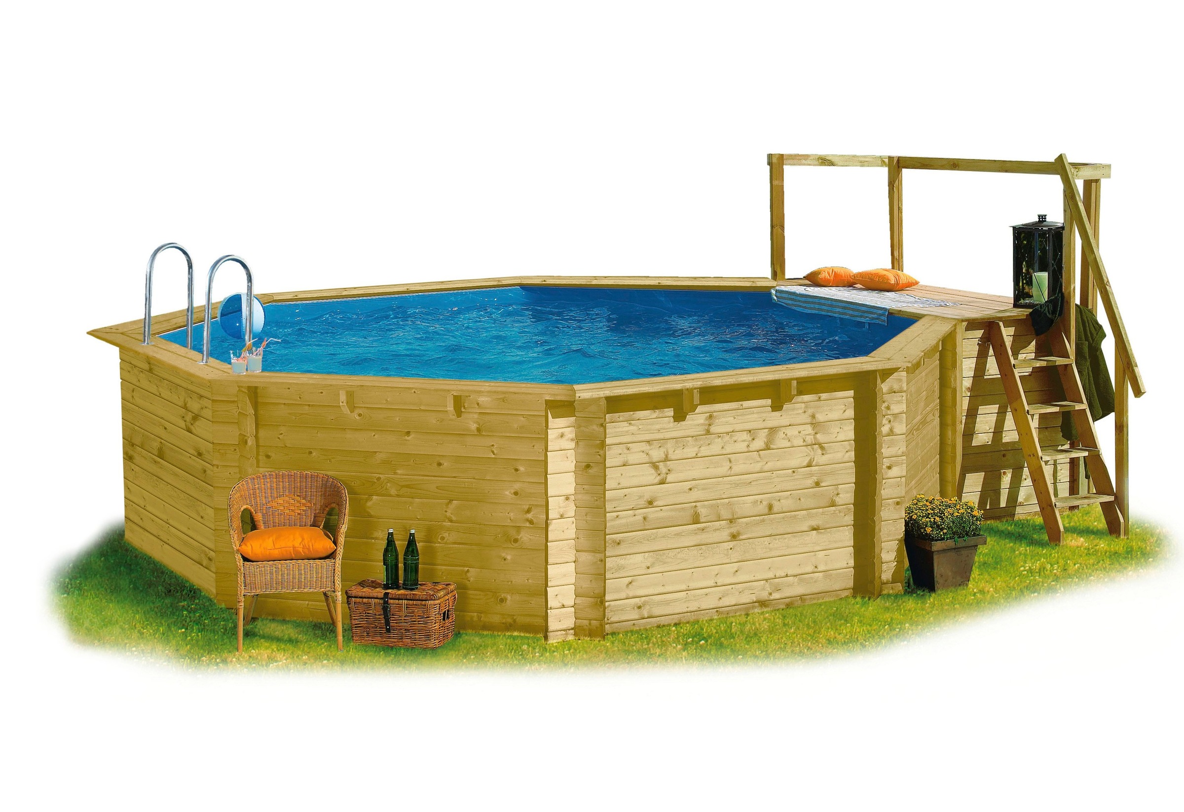 Karibu Achteckpool »PORTO Set B ØxH: 358x124 cm inkl. Zubehör«, (Komplett-Set, 10 tlg.), mit Technikraum unter dem Sonnendeck