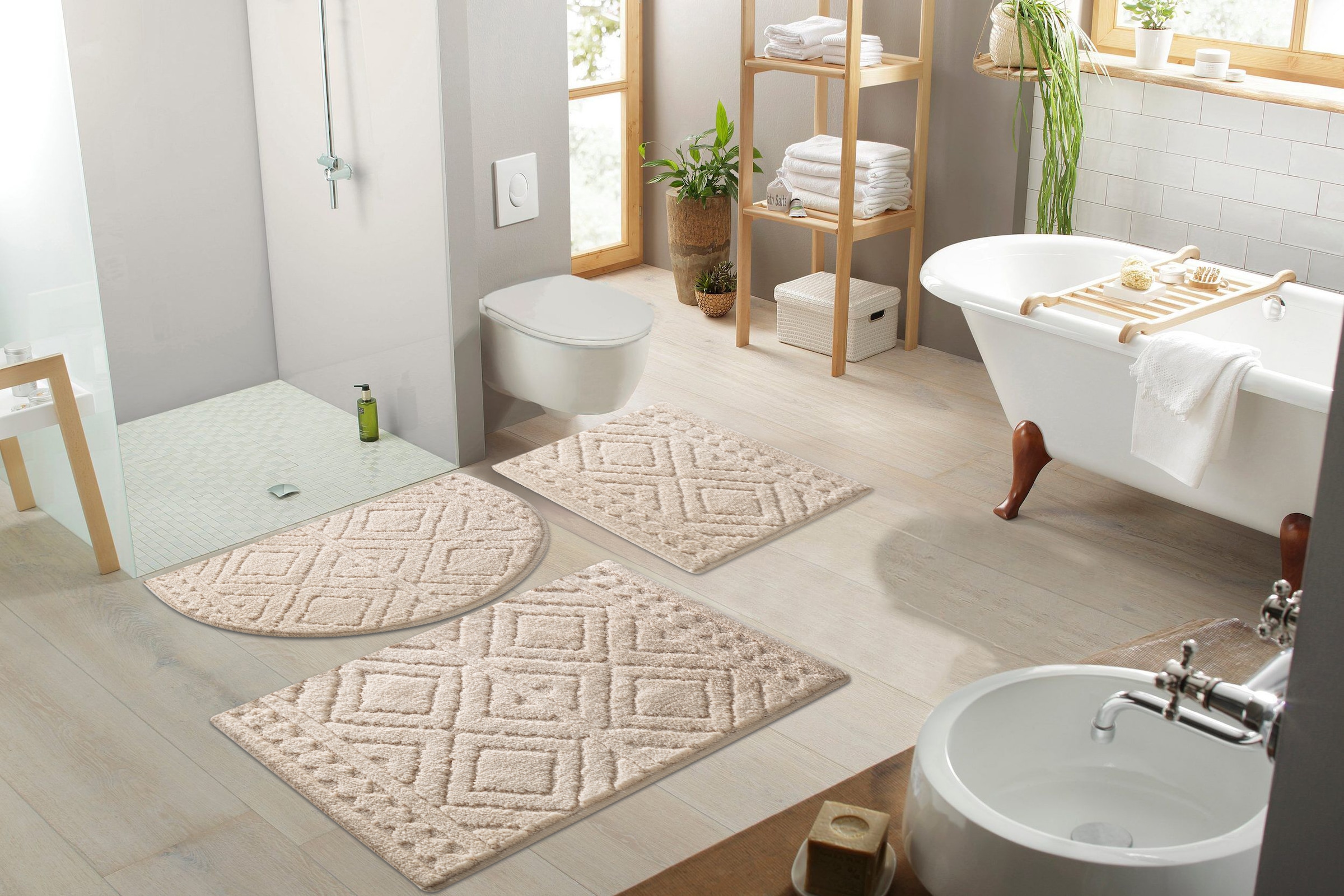 my home Badematte »Louvres, Badvorleger, Badezimmer Teppich, Duschvorleger«, schnell trocknend, Badteppich, Uni Farben, Hoch-Tief Effekt, Boho-Style