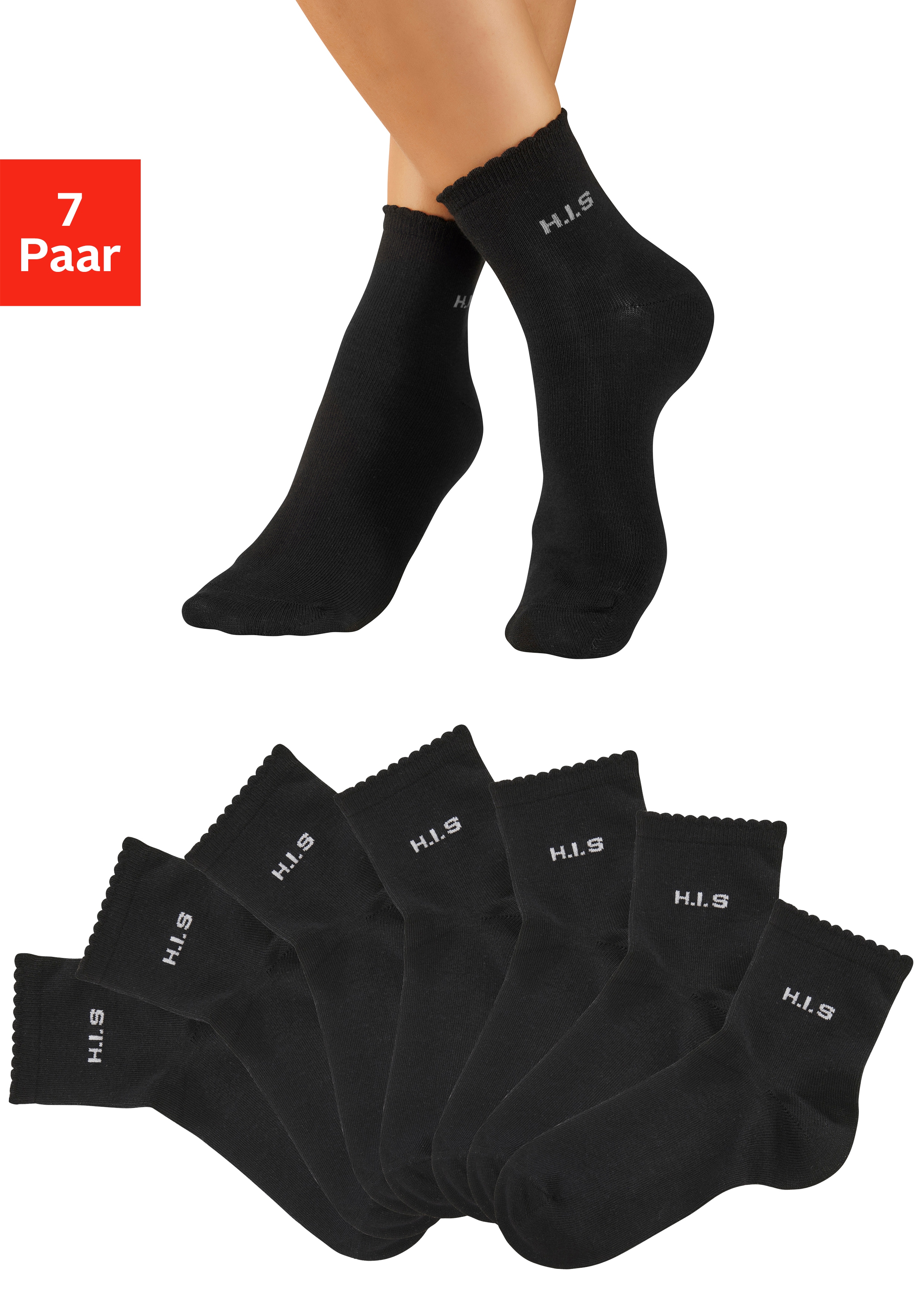 H.I.S Kurzsocken "Damen uni und meliert für die ganze Woche" Packung, 7 Paar tlg. mit gewelltem Bündchen