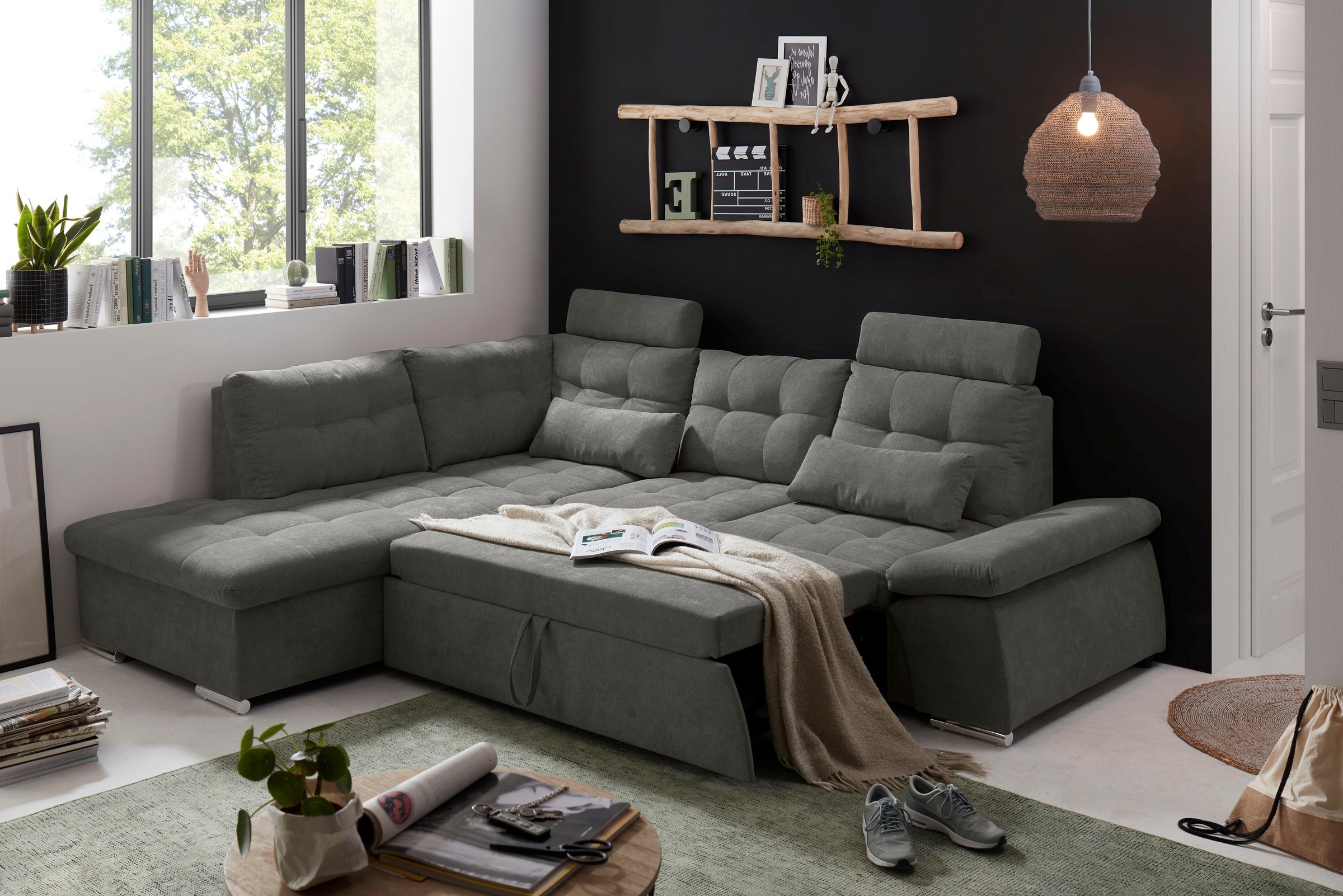 ED EXCITING DESIGN Ecksofa »Nalo L-Form«, mit Bettfunktion, Bettkasten, Kopfstützen, Nierenkissen etc.