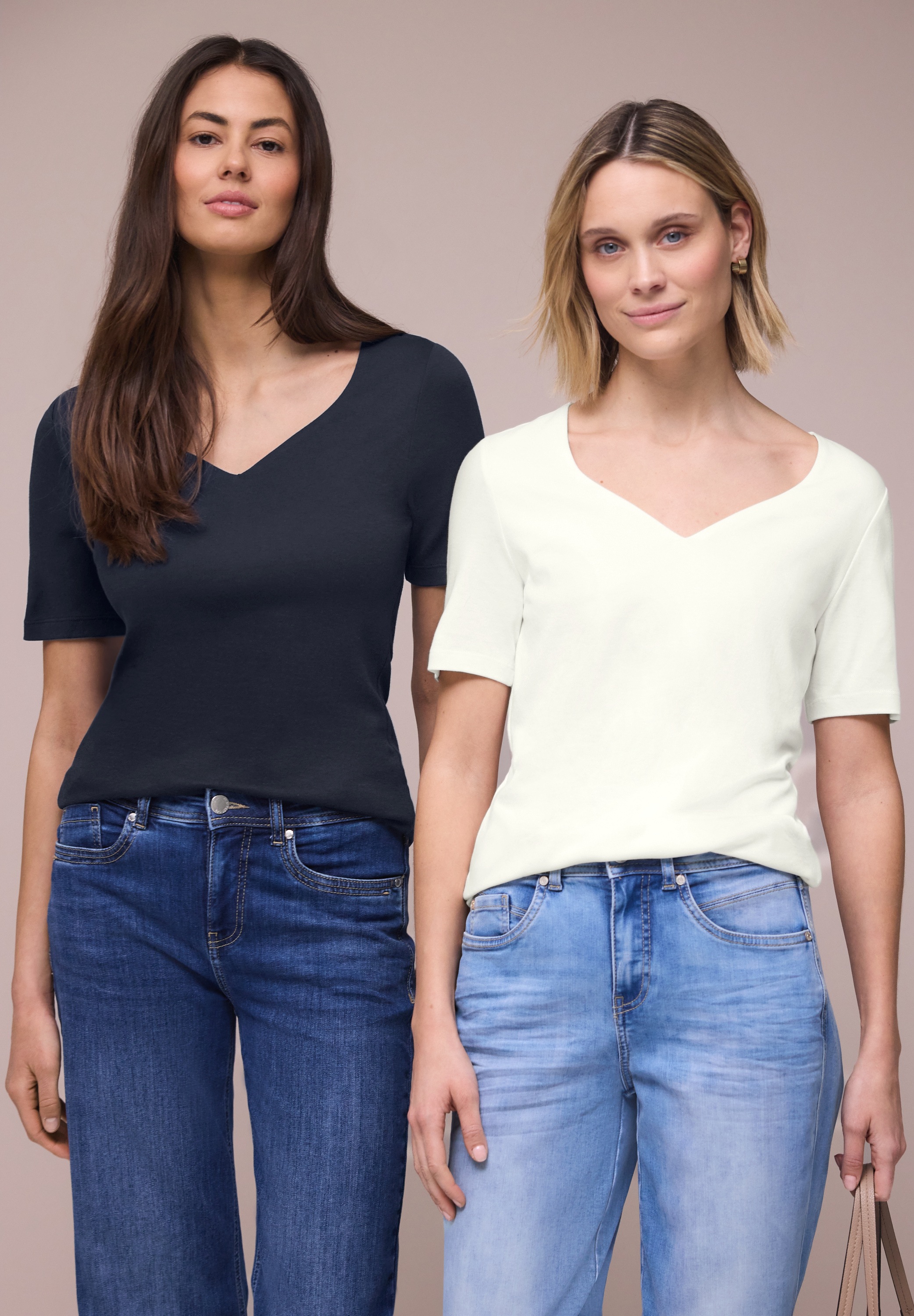 T-Shirt STREET ONE, Damen, Gr. 34, sanftes weiß, shadowed navy, Web, 50% Baumwolle, 50% Modal, unifarben, normal normal, Rundhals, abgesteppt, Shirts T-Shirt, im soften Baumwoll-Mix