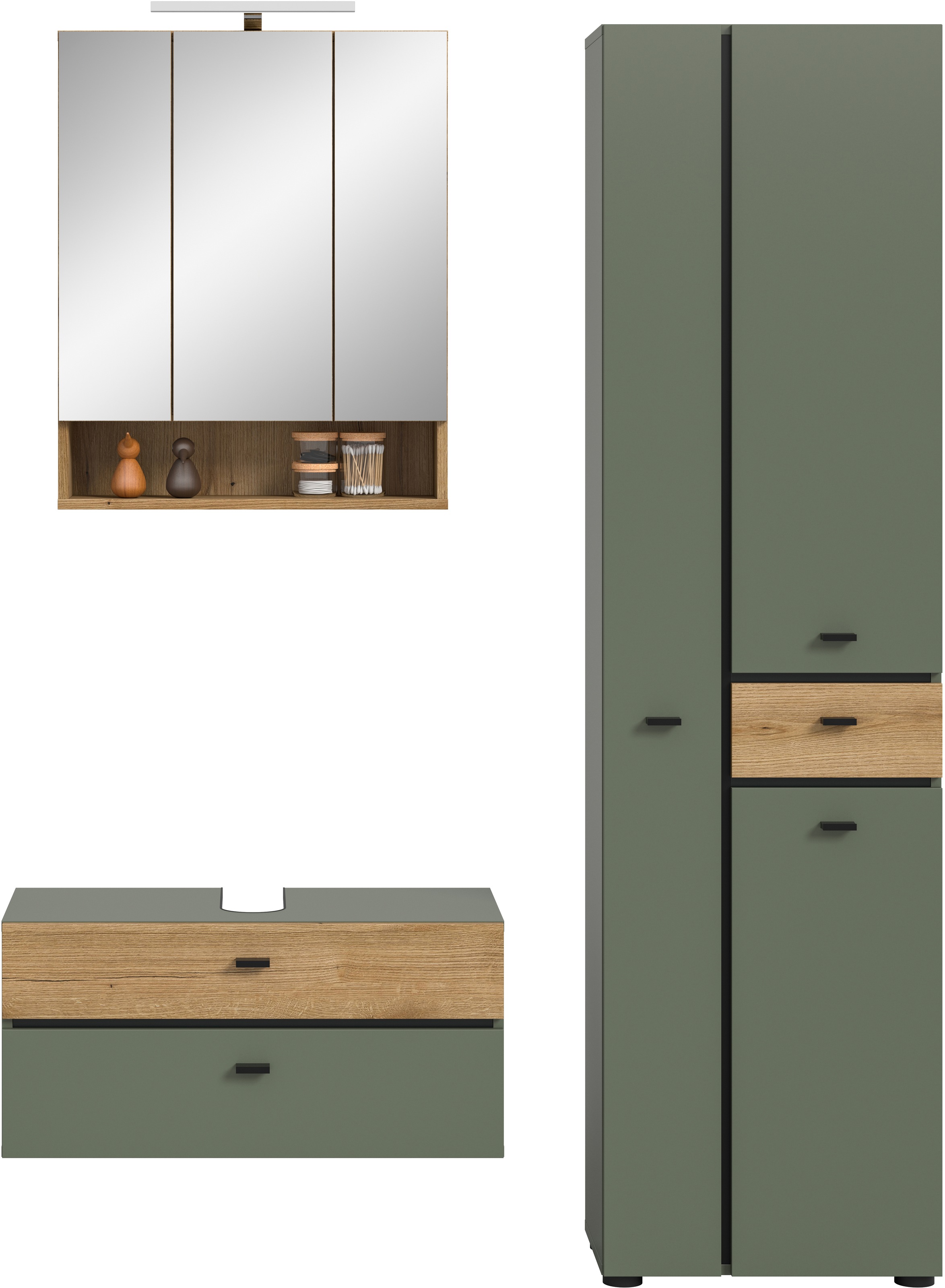 Thumbnail - welltime Badmöbel-Set "VANN, 3-teilige moderne Badkombination, inkl. Beleuchtung" Waschbeckenunterschrank, Spiegelschran...