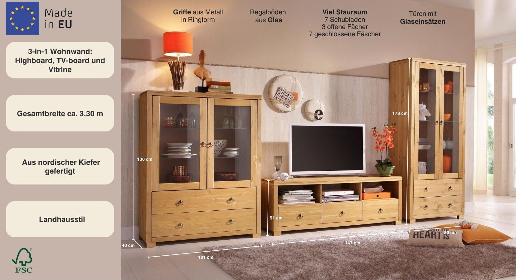 Thumbnail - Home affaire Wohnwand "Gotland", (Set, 3 St.), bestehend aus 1 Highboard, 1 TV-Lowboard und 1 Vitrine