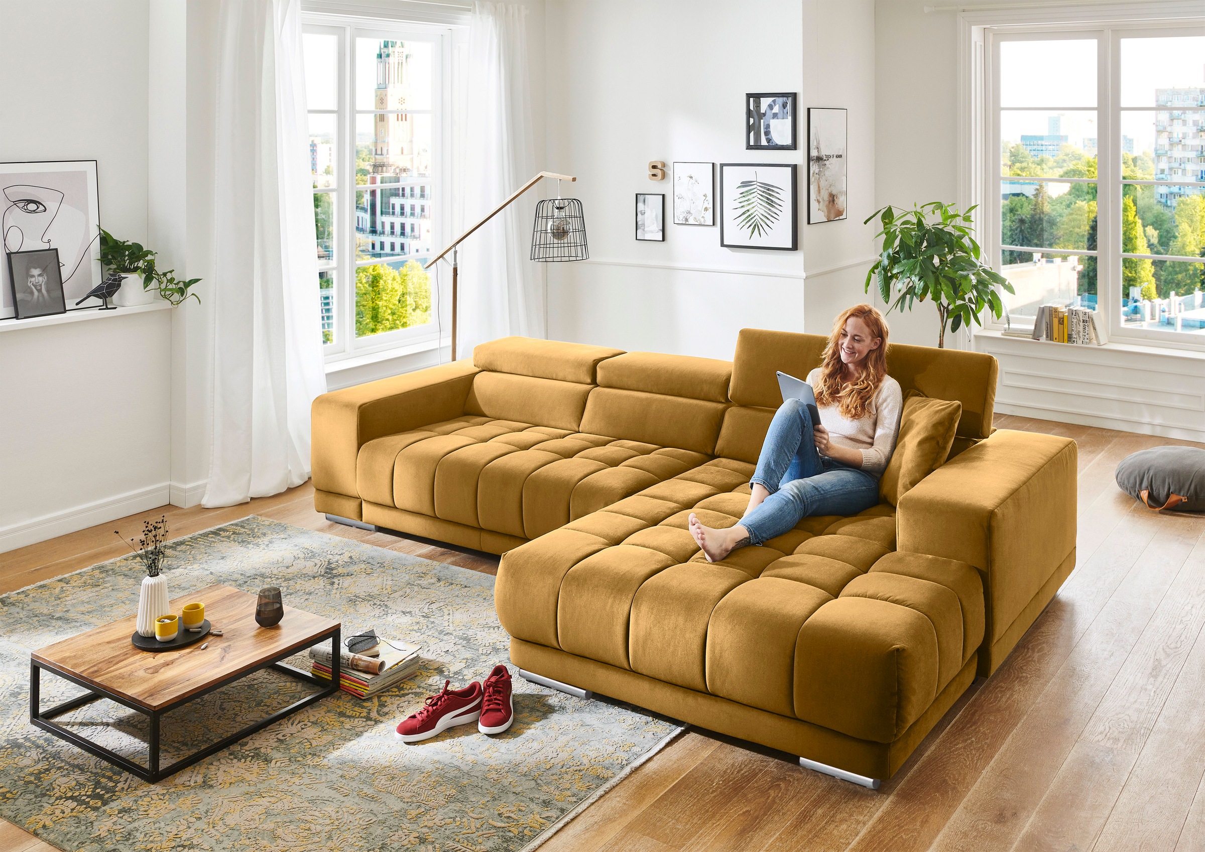 Ecksofa DIE PLANBAR "MP-IN15053 L-Form extra breiter Schenkel", gelb (curry), B:329cm H:73cm T:190cm, 100% Polyester, Sofas, Ecksofa, mit Kopfteilverstellung, wahlweise mit manueller Vorziehbank 9