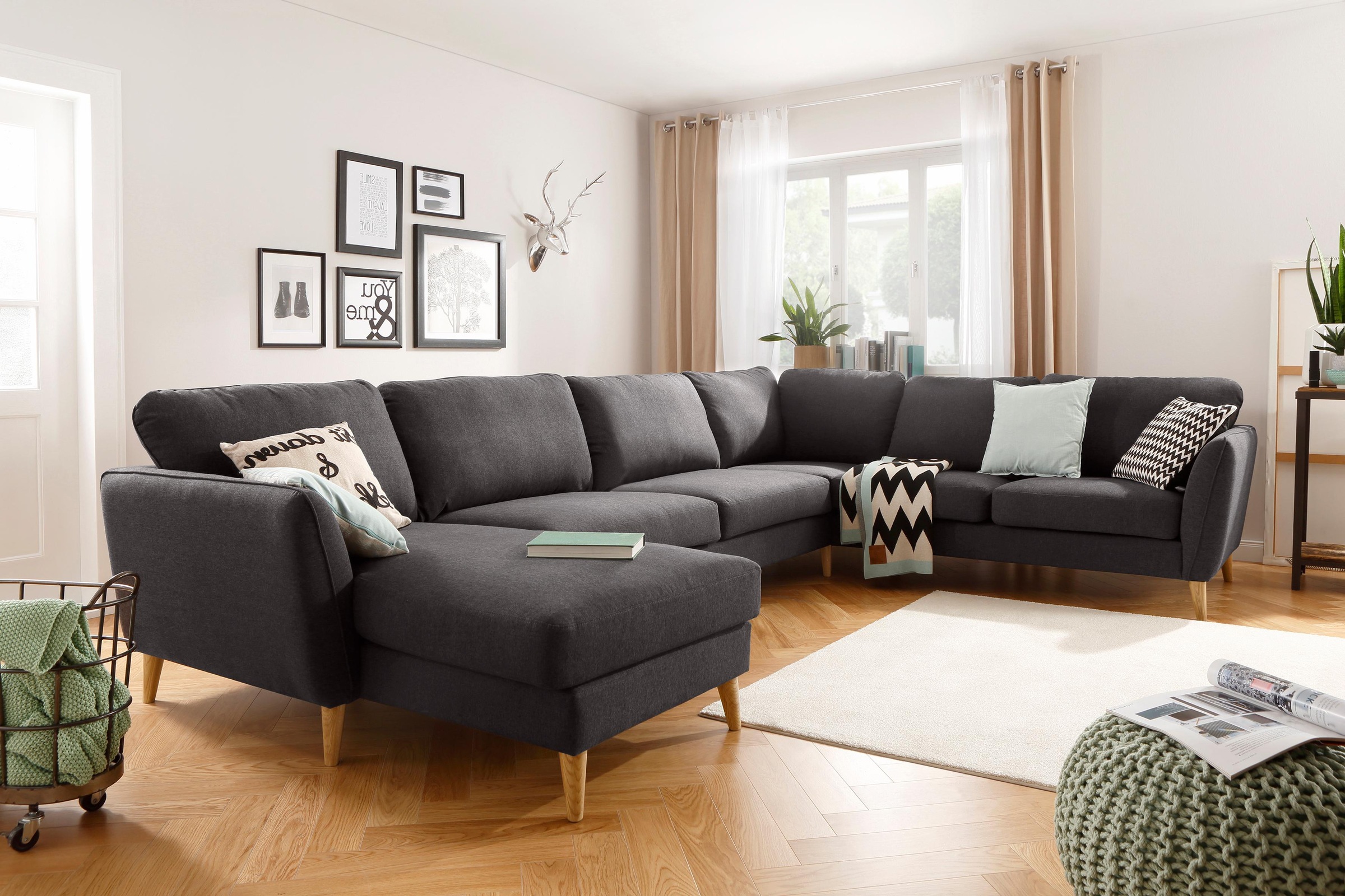 Home affaire Wohnlandschaft »MARSEILLE XXL 349cm, U-Form, Ottomane rechts/links wählbar«, Massivholzbeine Eiche, Landhausstil, Wellenunterfederung