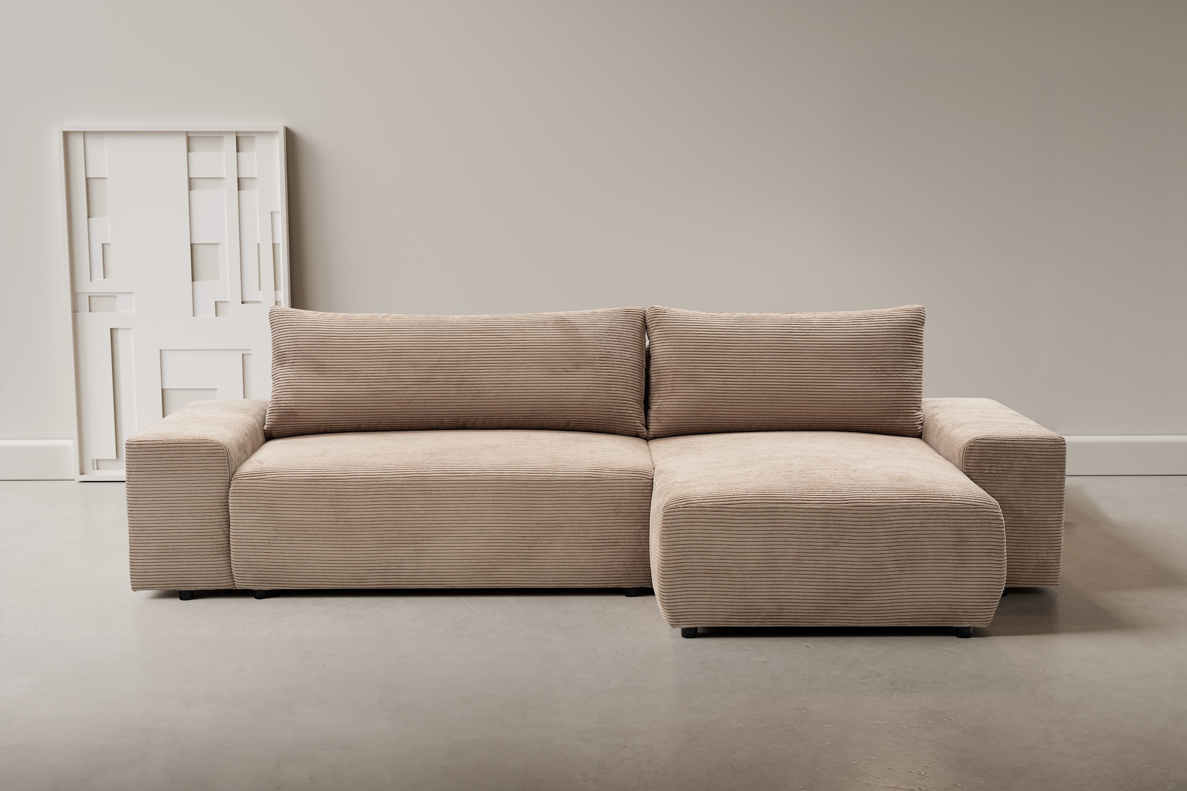 WERK2 Ecksofa "Amsterdam 300 x 150 cm modern und bequem" Cord, L-Form, XXL, Schlaffunktion, Bettkasten