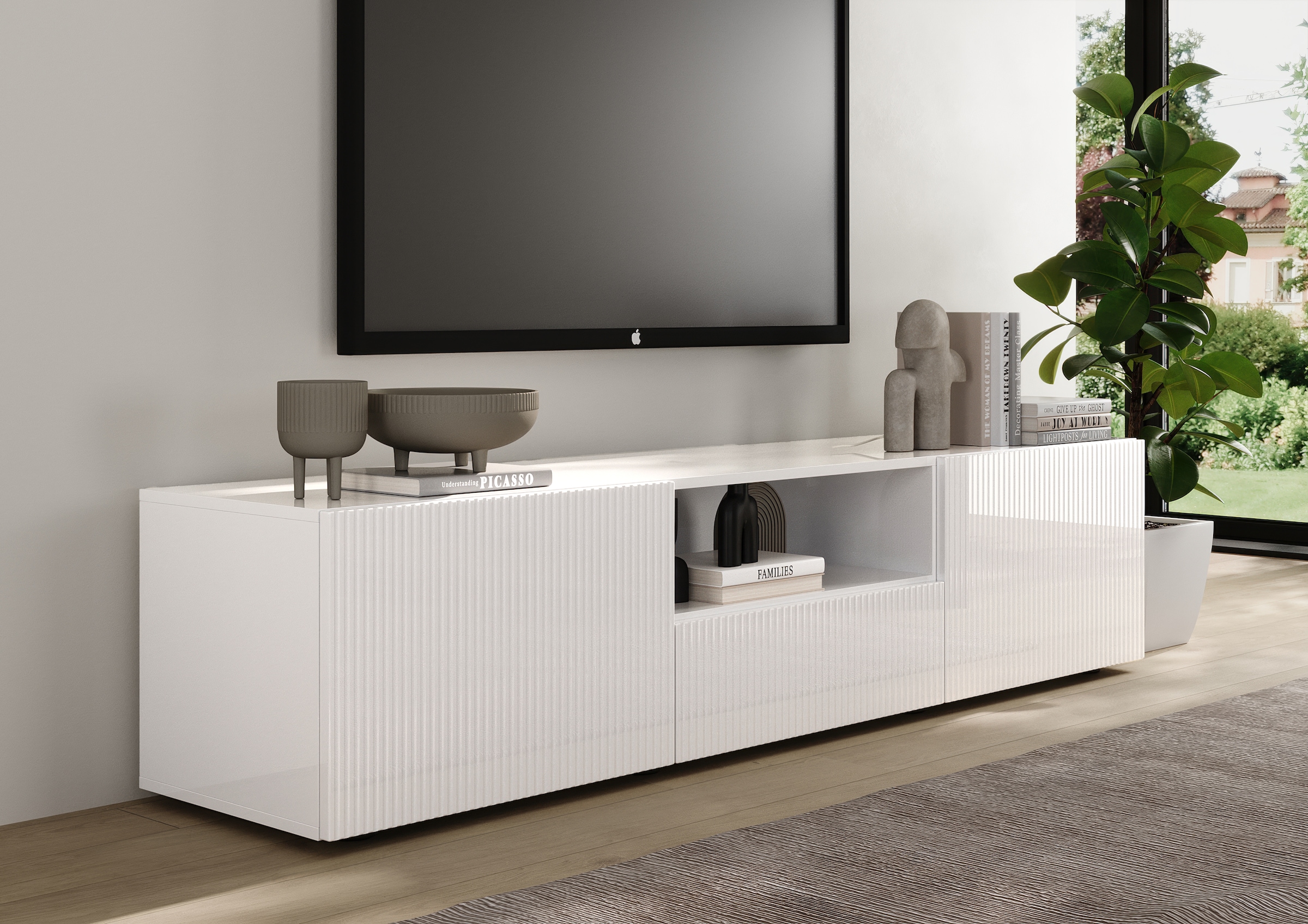 INOSIGN Lowboard »Rio Breite 181 cm, TV-Board 2 Türen u. 1 Schubkasten, TV-Schrank«, geriffelte MDF-Fronten, modern u. elegant, Kabelführung, viel Stauraum